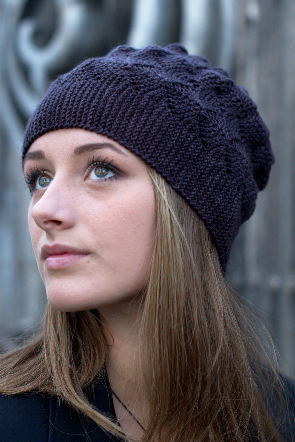 Sagitta sideways knit short row slouchy Hat knitting pattern
