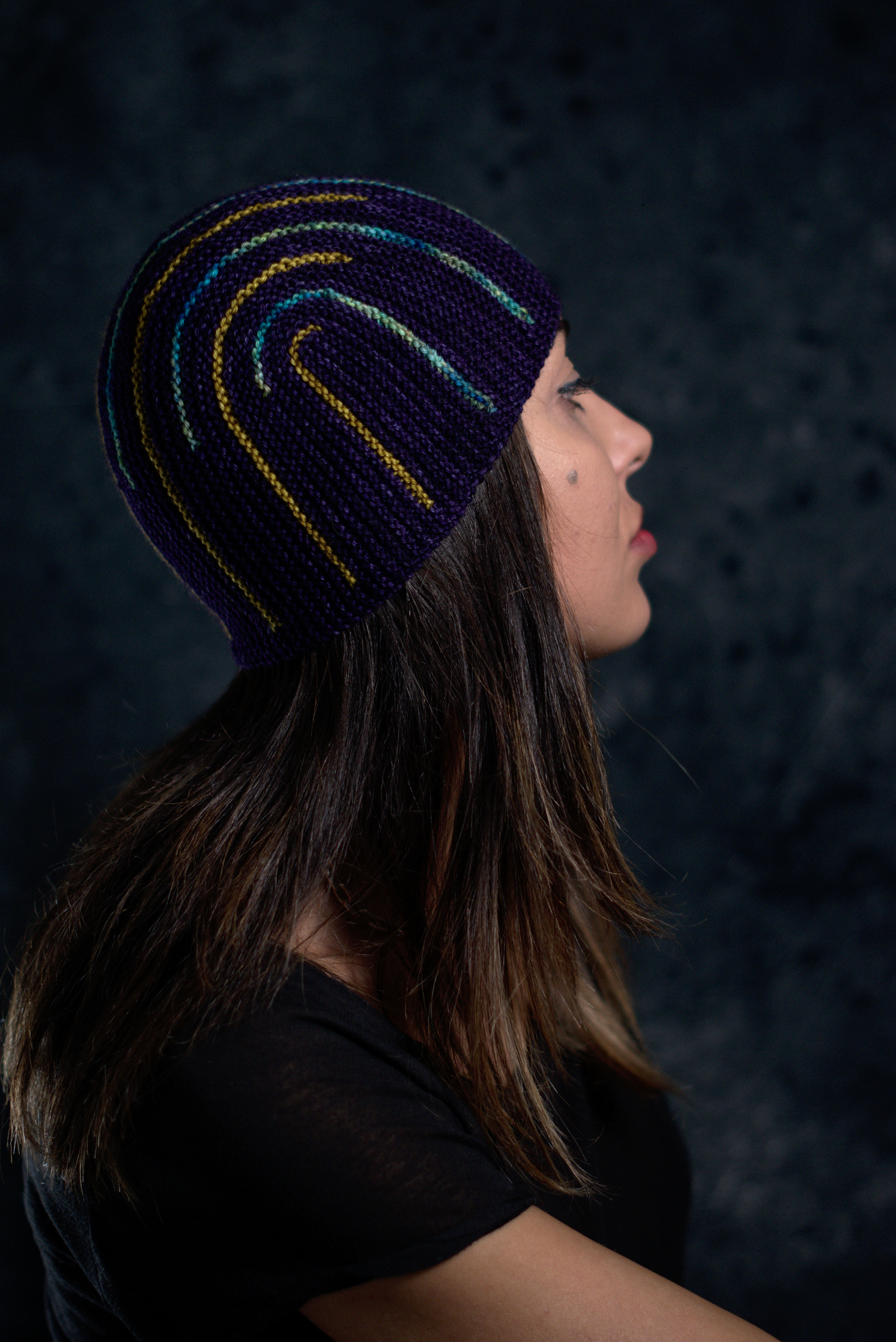 Duality sideways knit short row colourwork hat knitting pattern