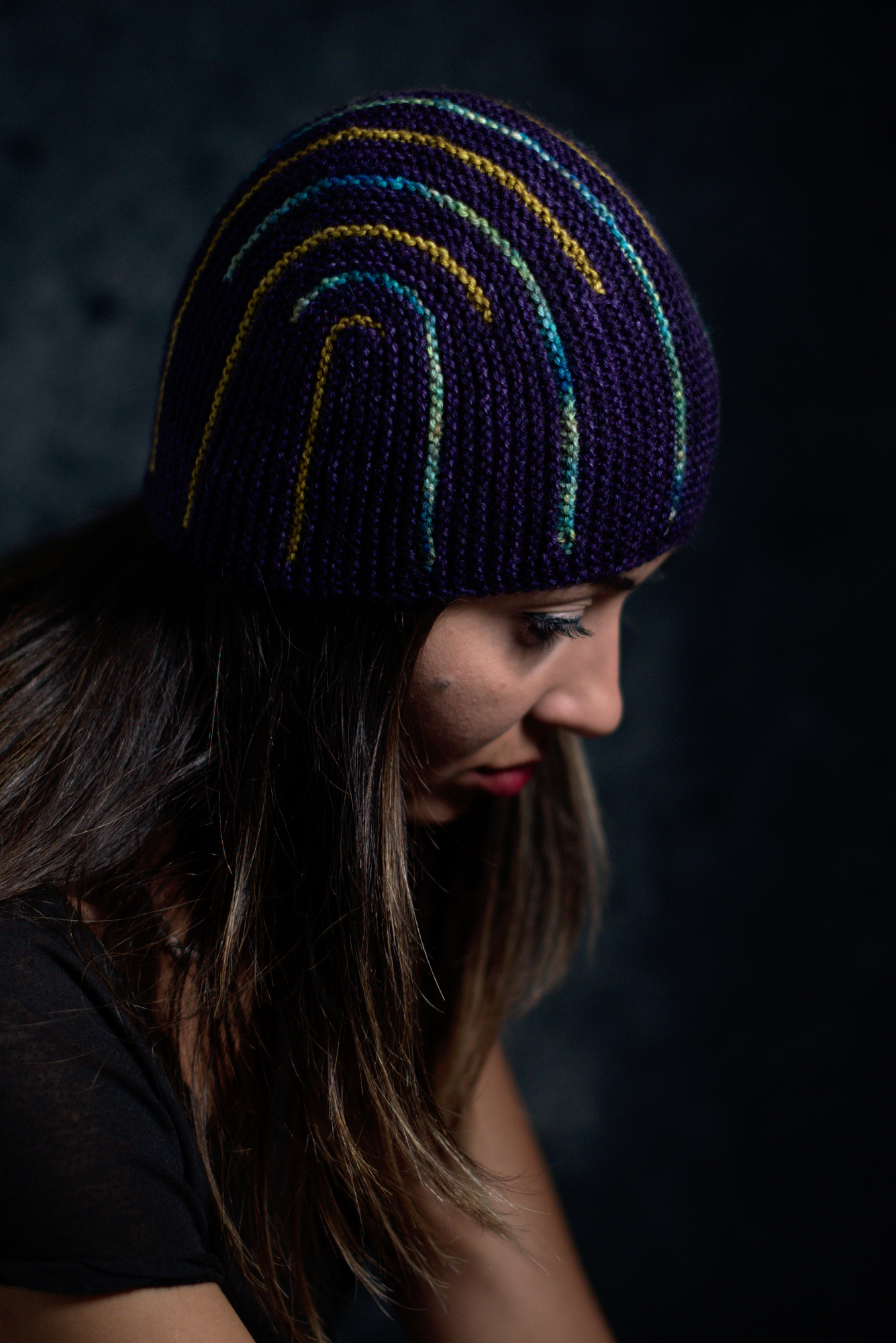 Duality sideways knit short row colourwork hat knitting pattern