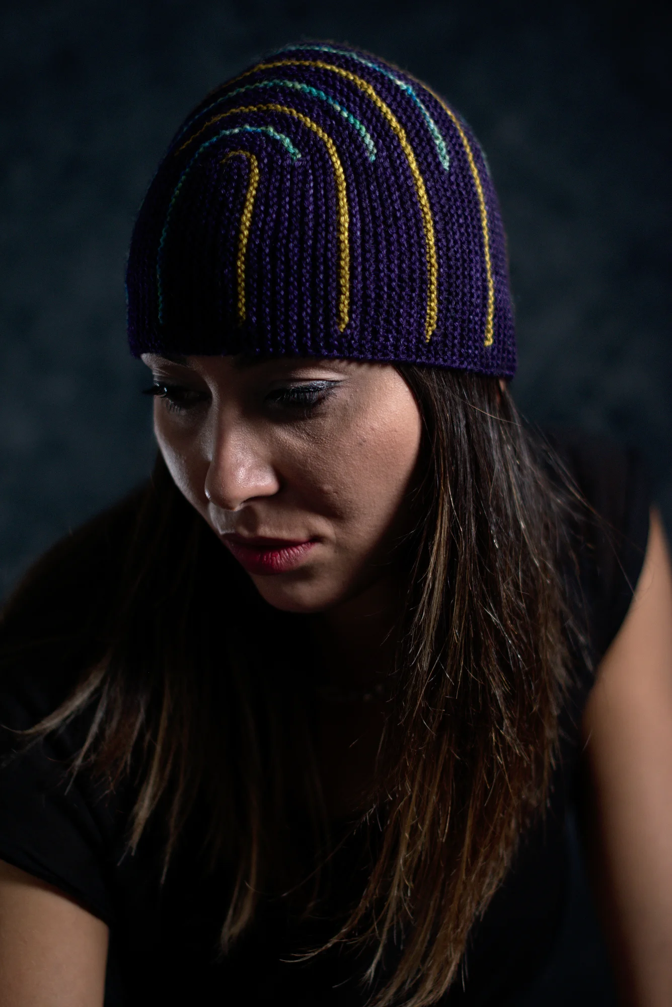 Duality sideways knit short row striped hat knitting pattern