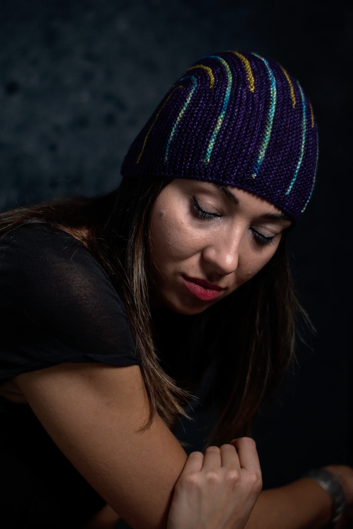 Duality sideways knit short row striped hat knitting pattern