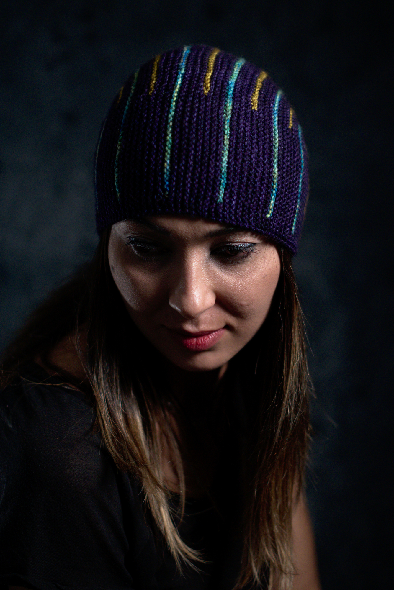 Duality sideways knit short row striped hat knitting pattern