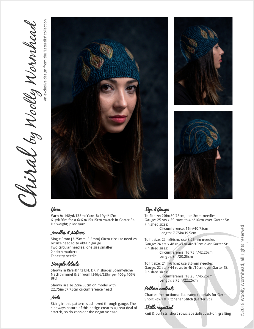 Chiral sideways knit short row hat knitting pattern