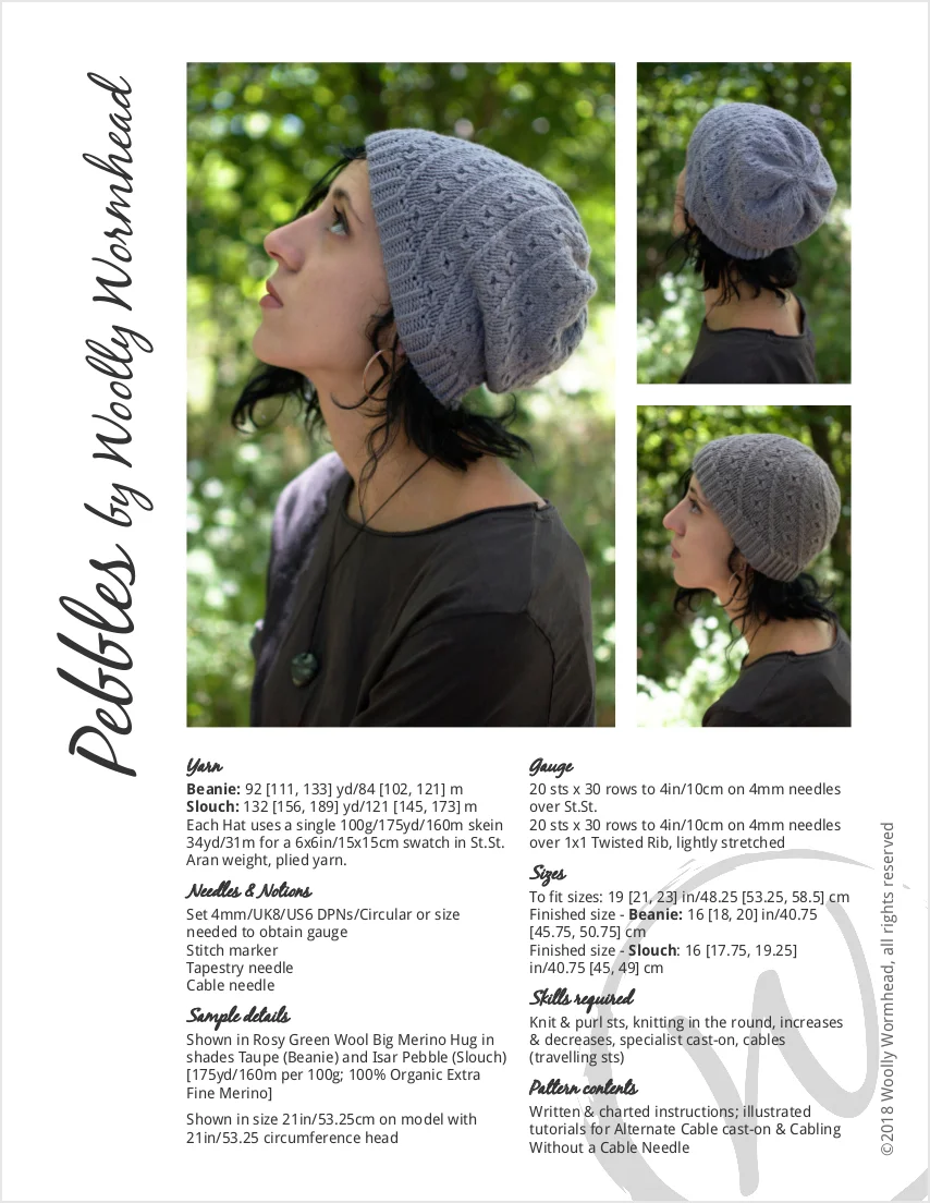 Pebbles beanie and slouch Hat hand knitting pattern