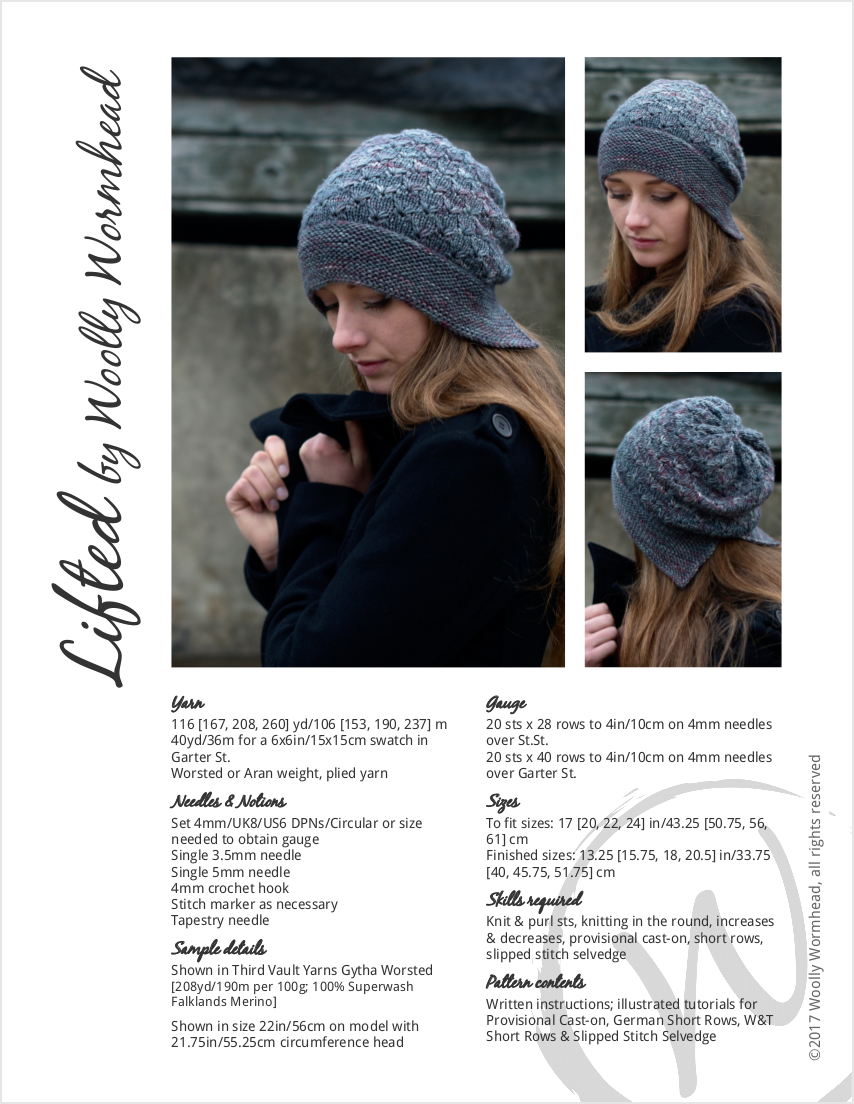 Lifted slouchy bonnet hat hand knitting pattern for worsted weight yarn