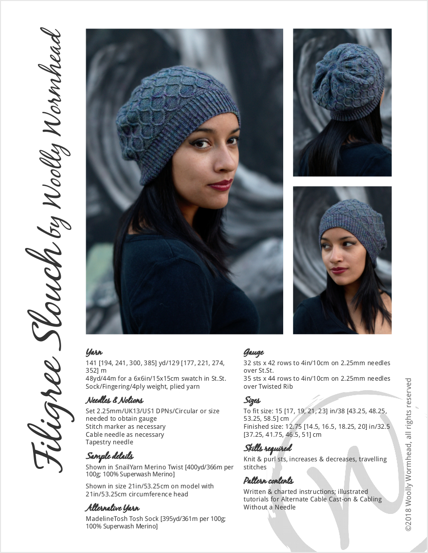 Filigree Slouch hand knitting hat pattern for sock yarn