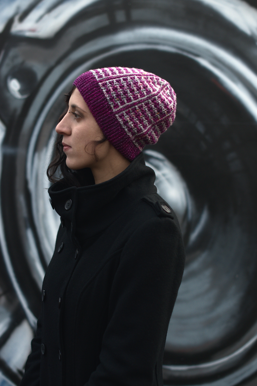 Matriks reversible sideways knit slouchy hat in two colours for dk yarn