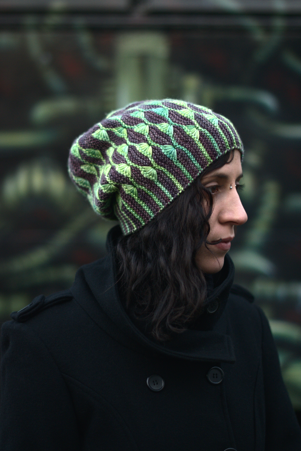 Diponaea sideways knit two colour slouchy hat for DK yarn