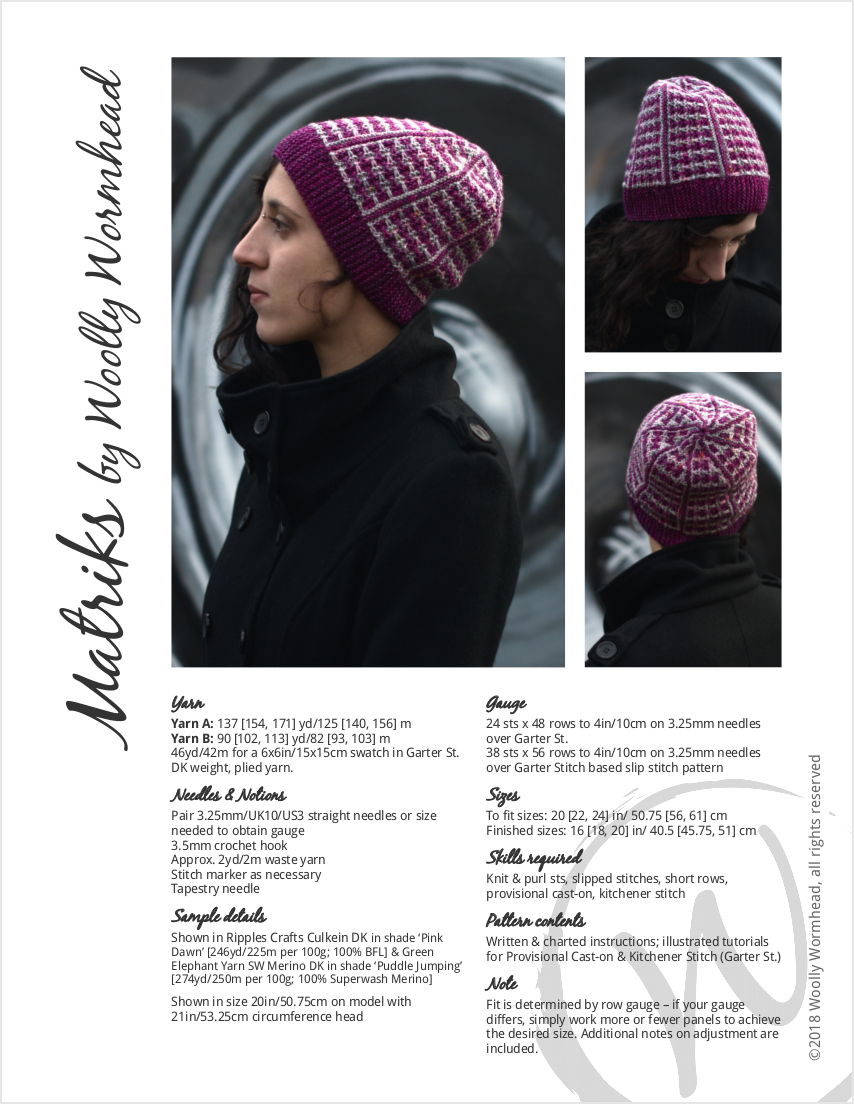 Matriks reversible sideways knit slouchy hat in two colours for dk yarn