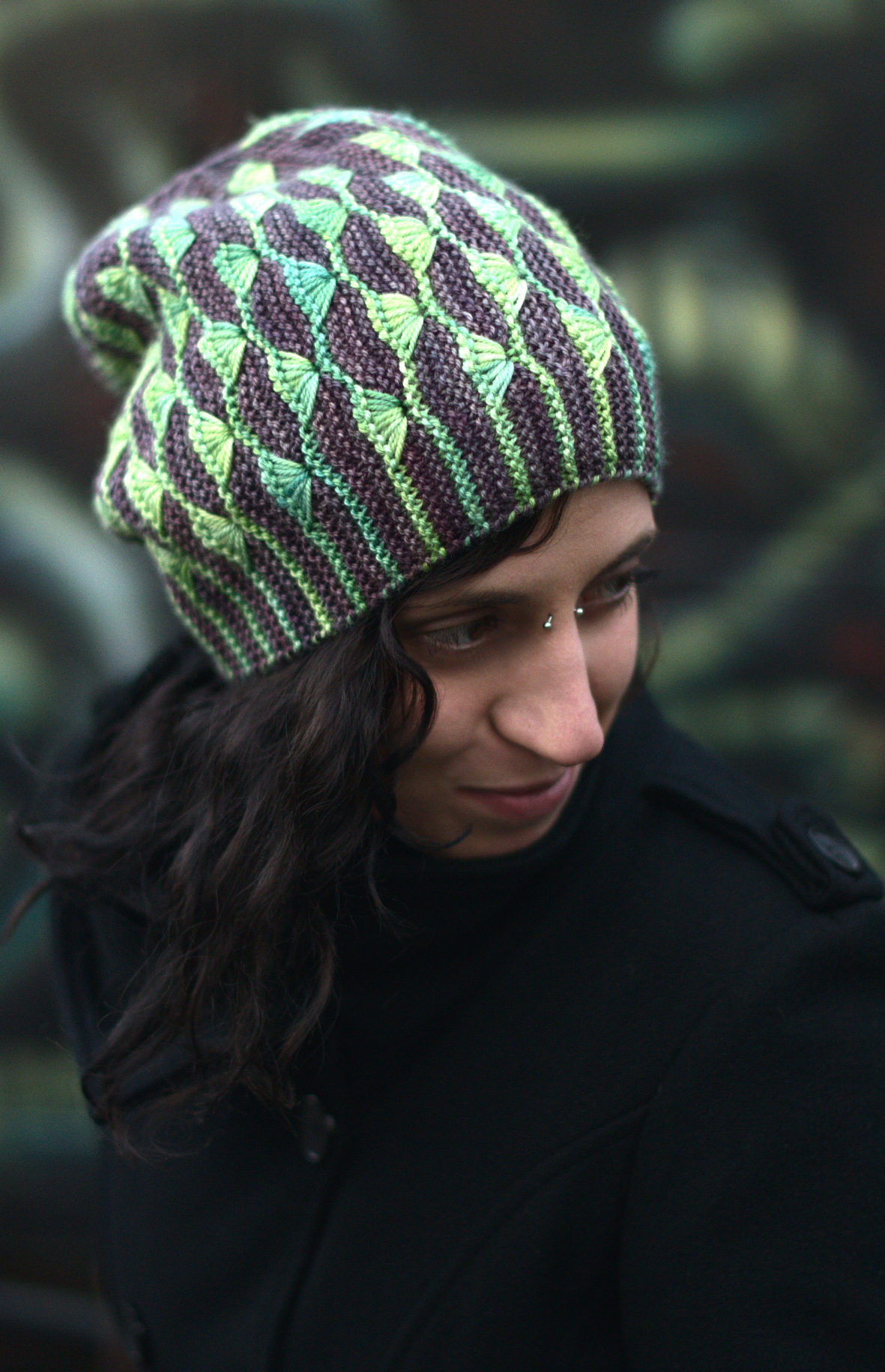 Diponaea sideways knit slouchy Hat hand knitting pattern for hand-dyed DK yarns