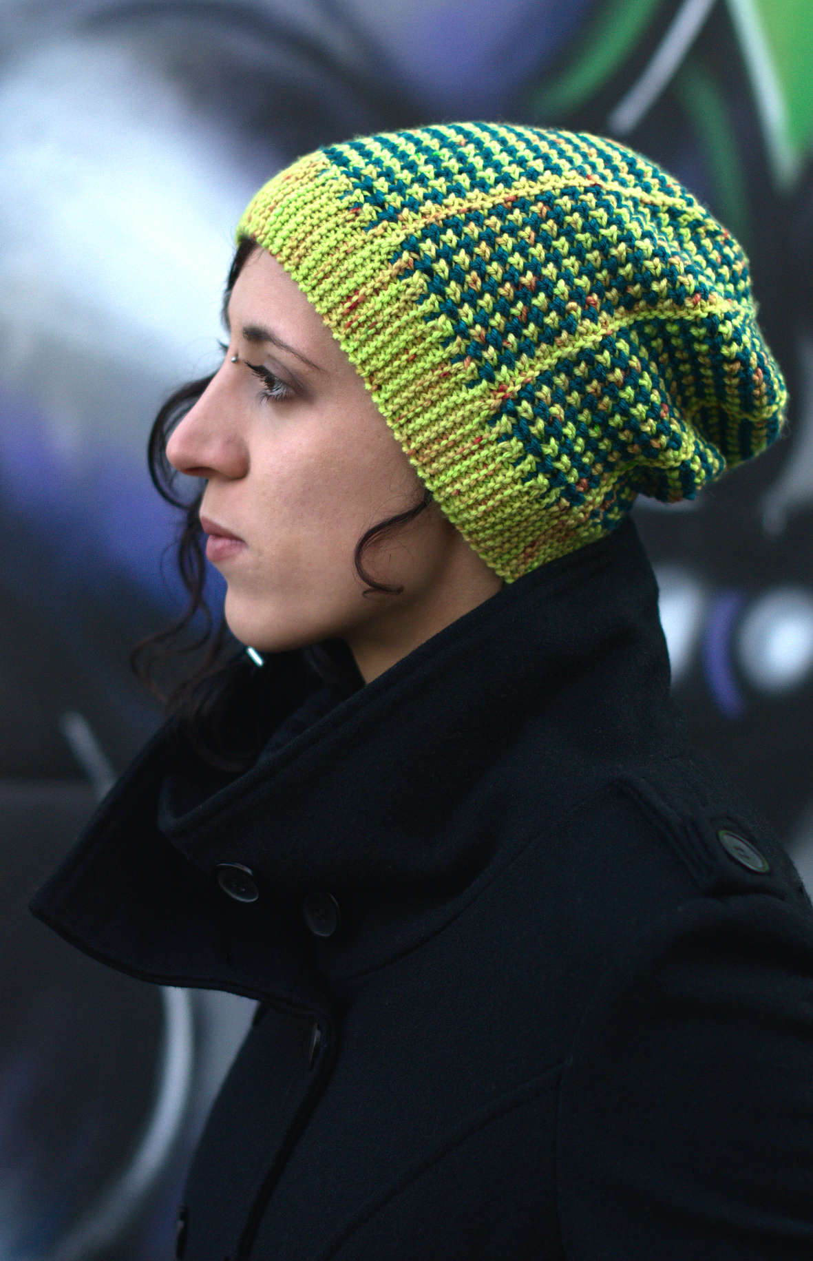 Kourserb sideways knit slouchy Hat hand knitting pattern for hand-dyed DK yarns