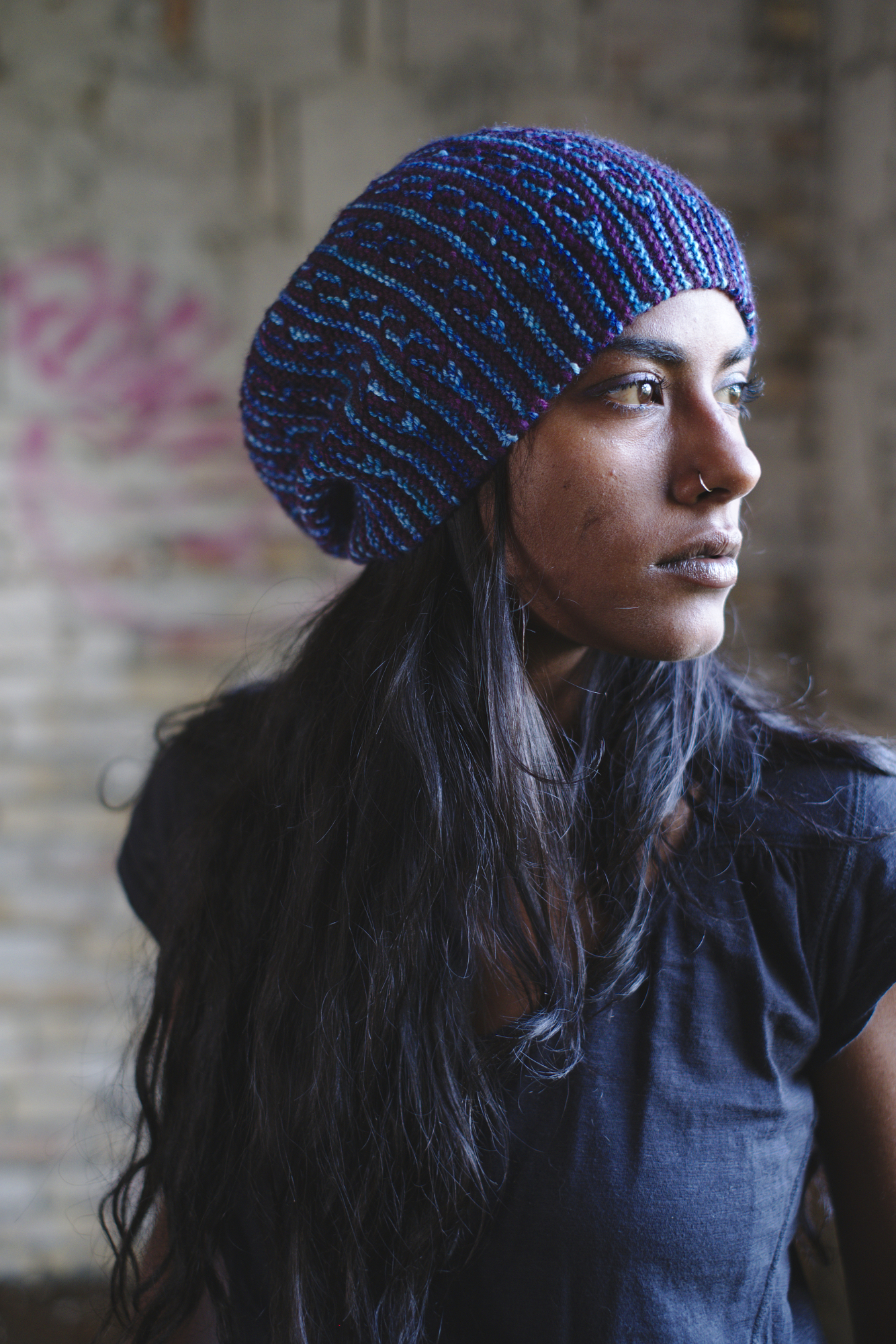 sideways knit mosaic hat knitting pattern for dk weight yarn