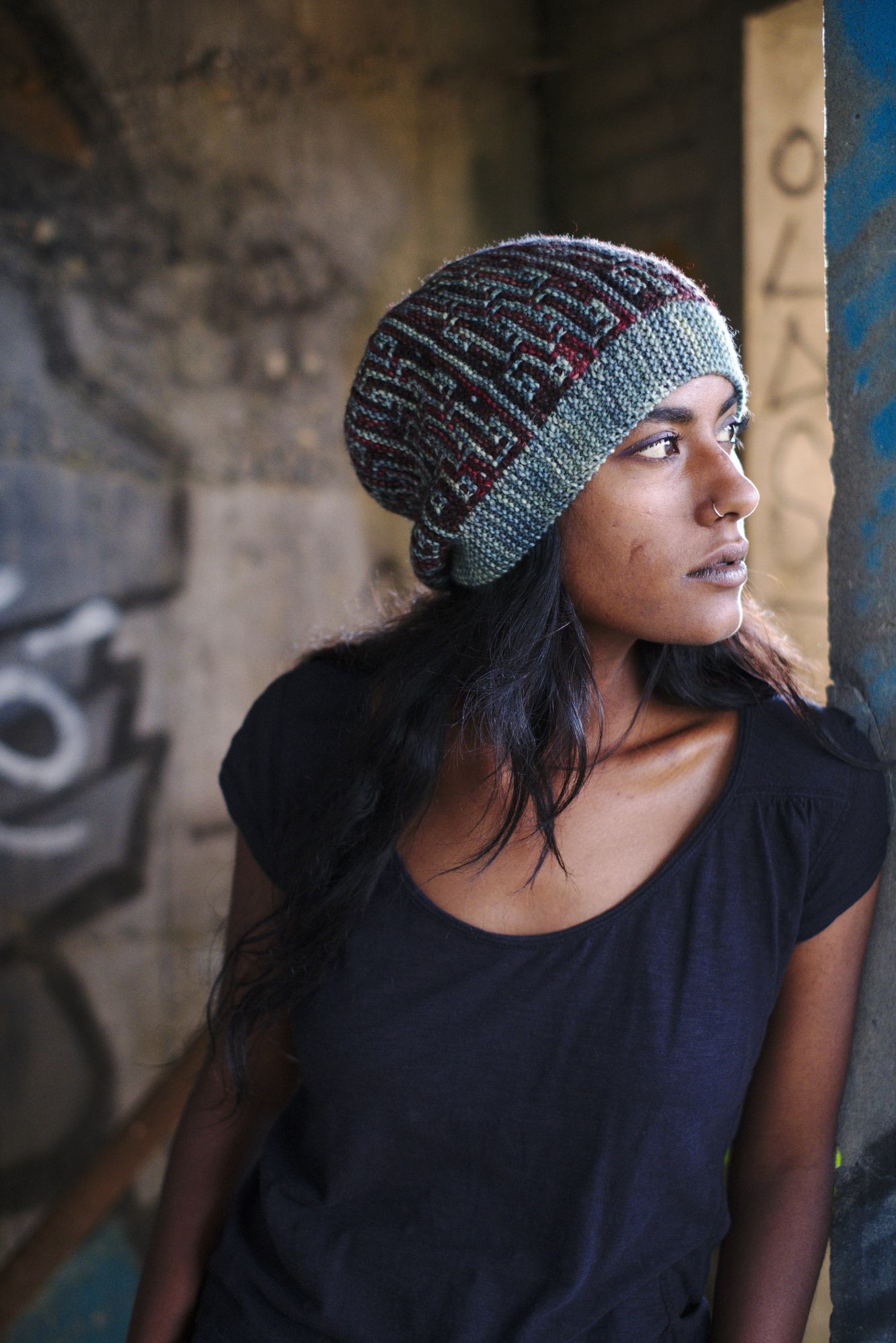Construct sideways knit mosaic hat knitting pattern for dk weight yarn