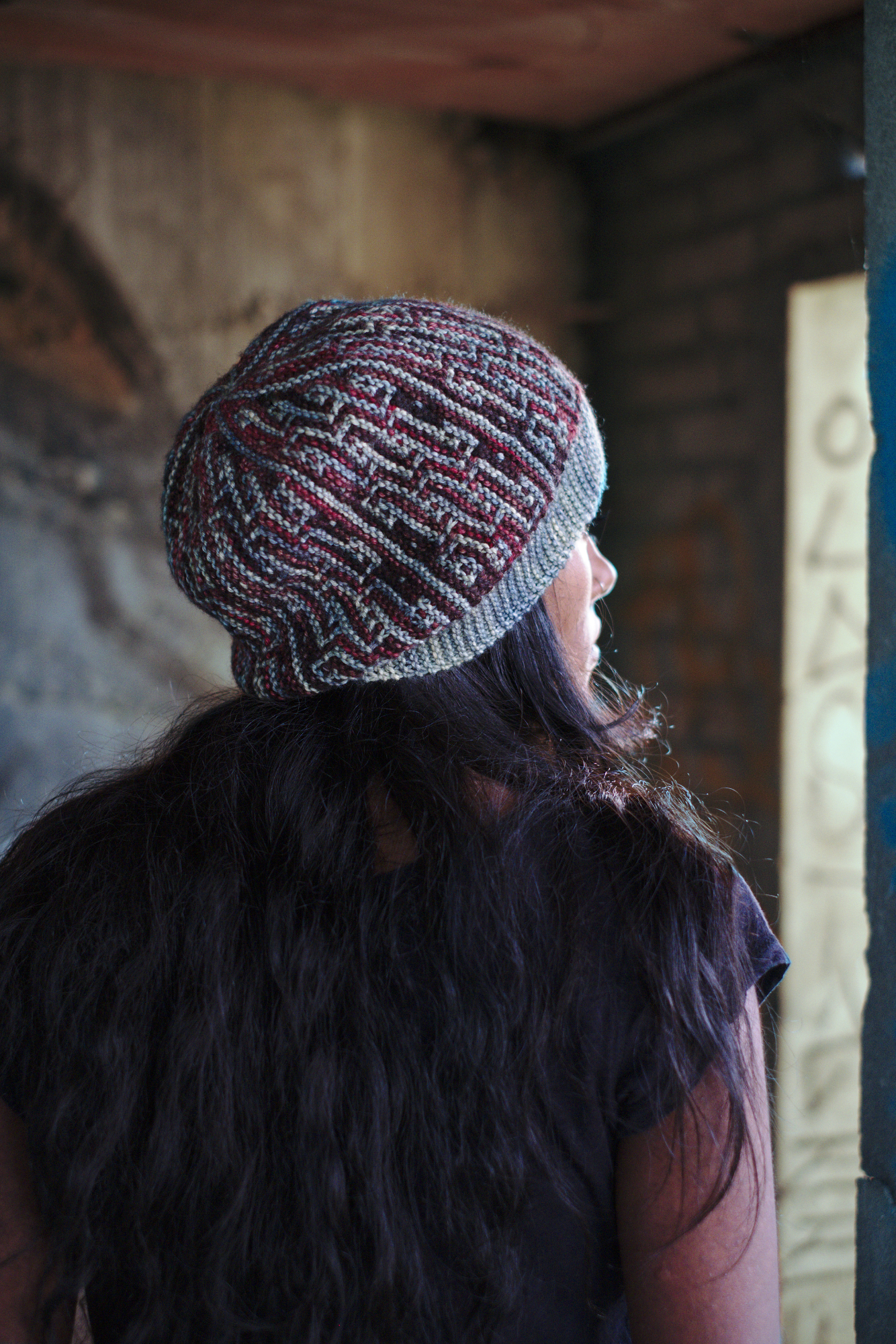 Construct sideways knit mosaic hat knitting pattern for dk weight yarn