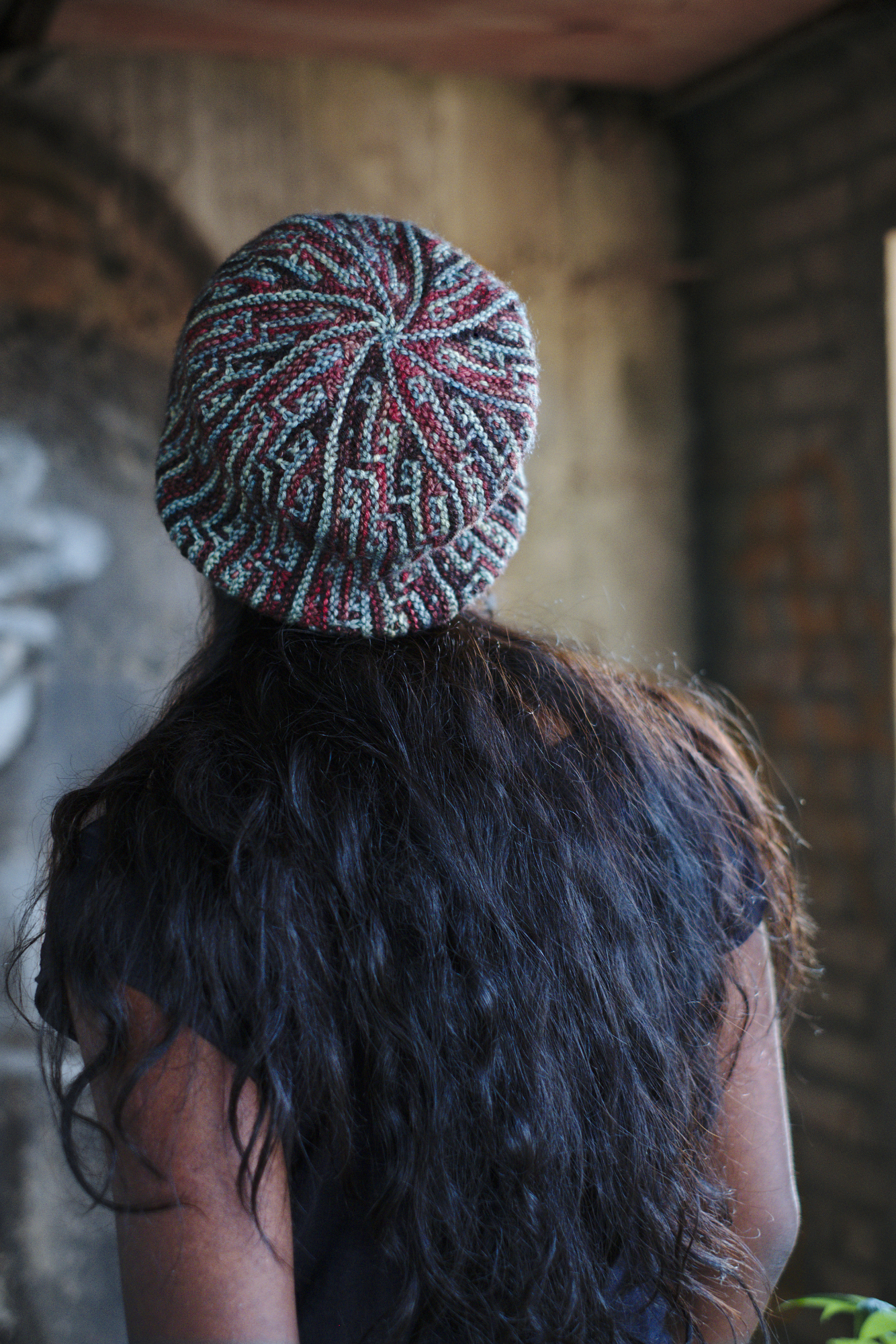 Construct sideways knit mosaic hat knitting pattern for dk weight yarn