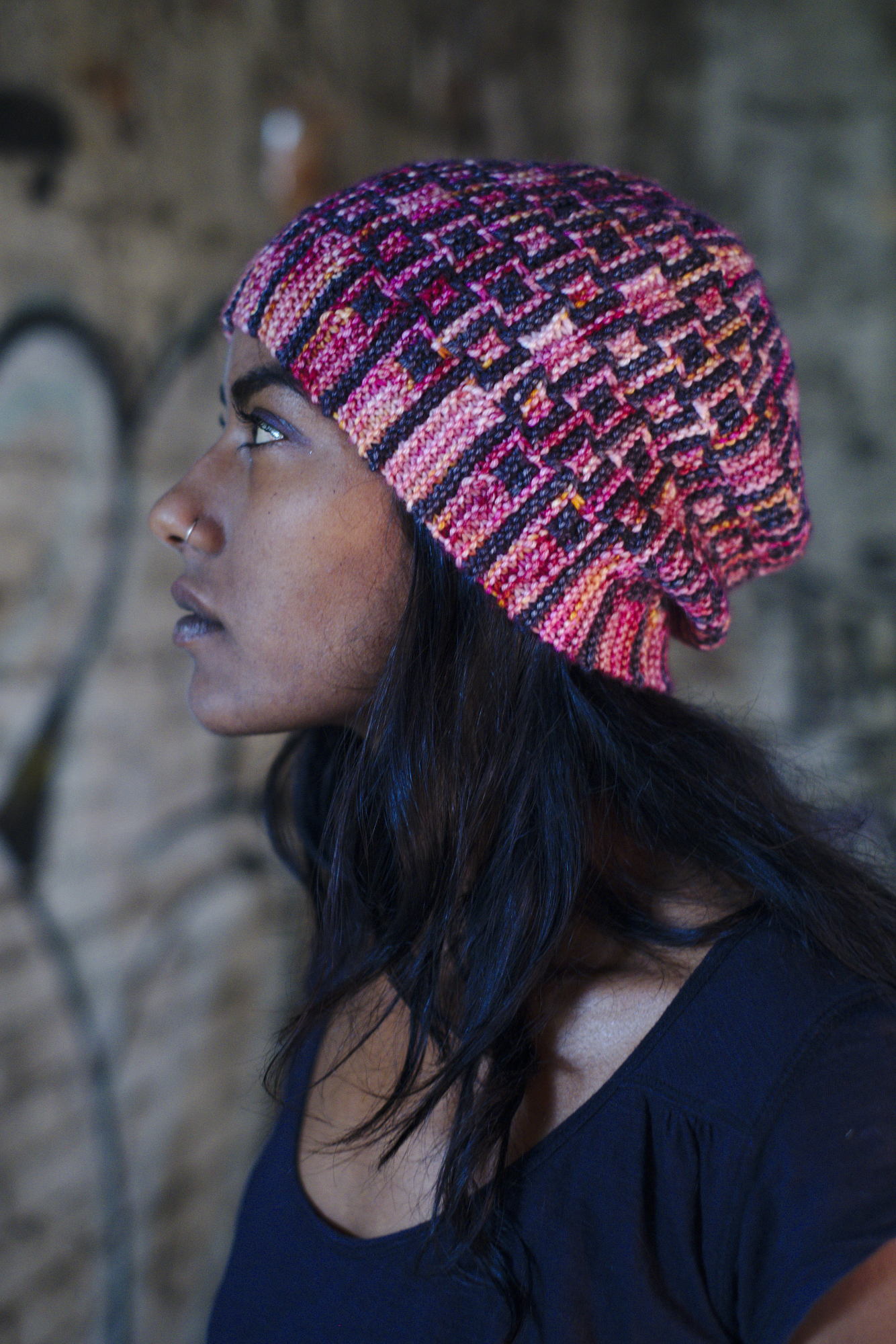 Downtown sideways knit mosaic hat knitting pattern for dk weight yarn