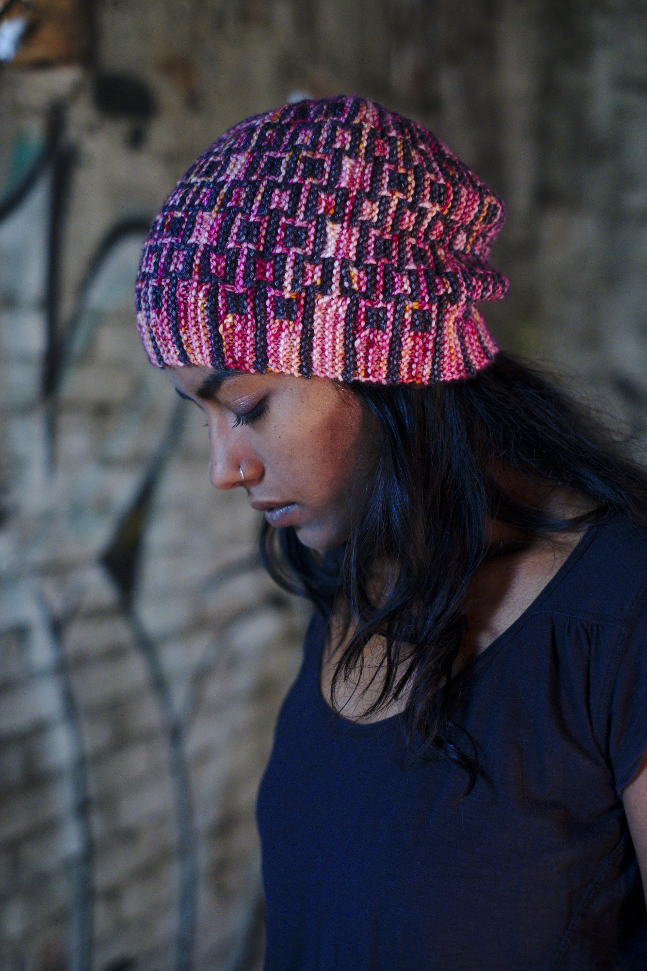 Downtown sideways knit mosaic hat knitting pattern for dk weight yarn