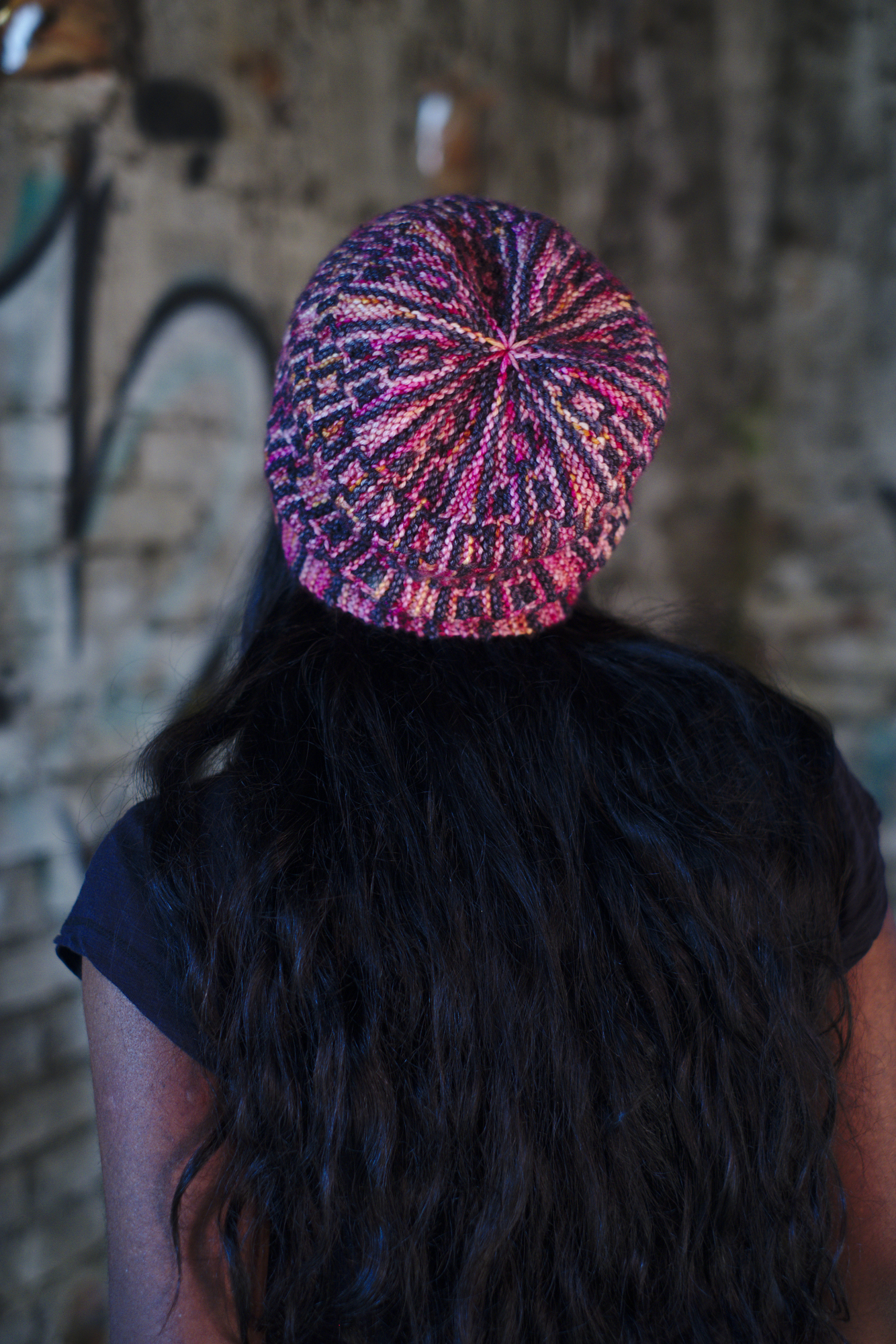 Downtown sideways knit mosaic hat knitting pattern for dk weight yarn