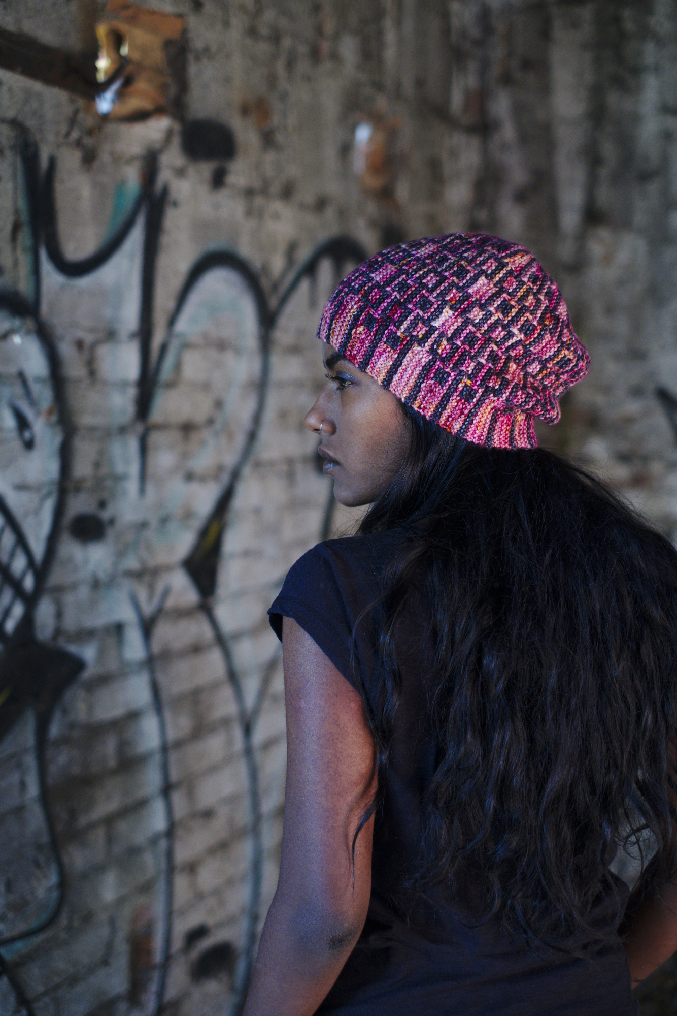 Downtown sideways knit mosaic hat knitting pattern for dk weight yarn