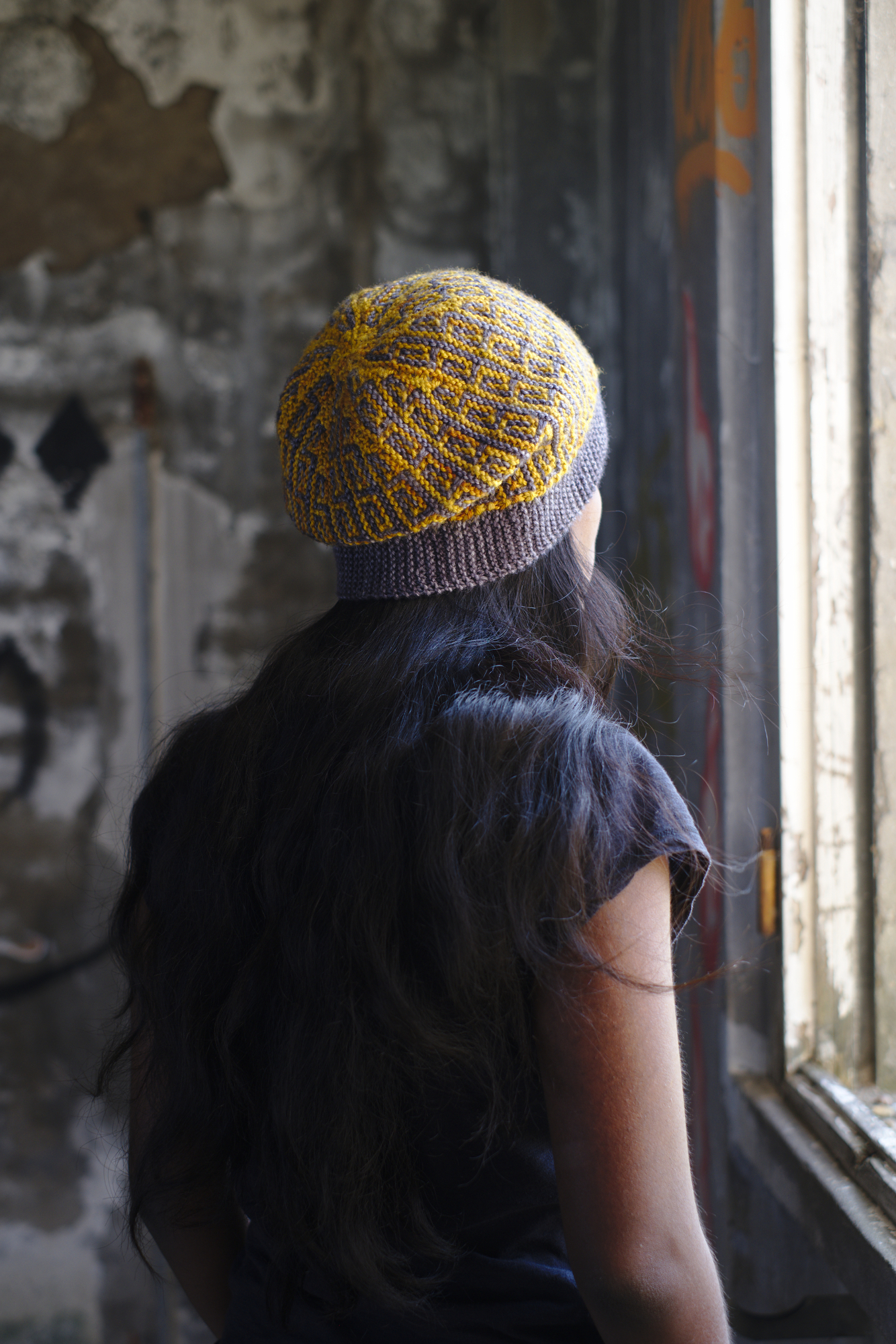 Revolutions sideways knit mosaic hat knitting pattern for dk weight yarn