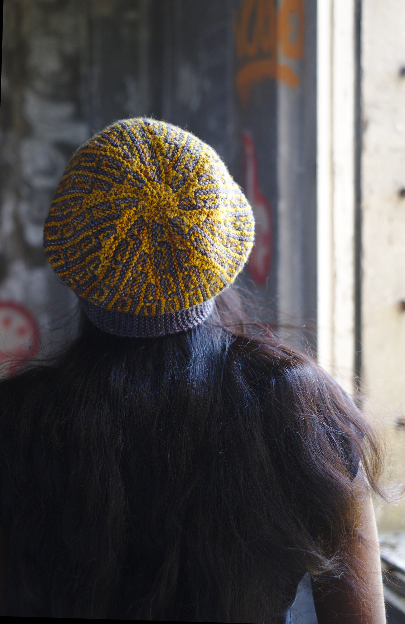 Revolutions sideways knit mosaic hat knitting pattern for dk weight yarn