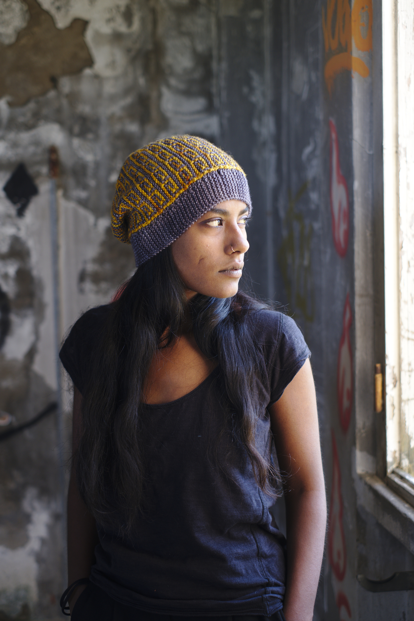 Revolutions sideways knit mosaic hat knitting pattern for dk weight yarn