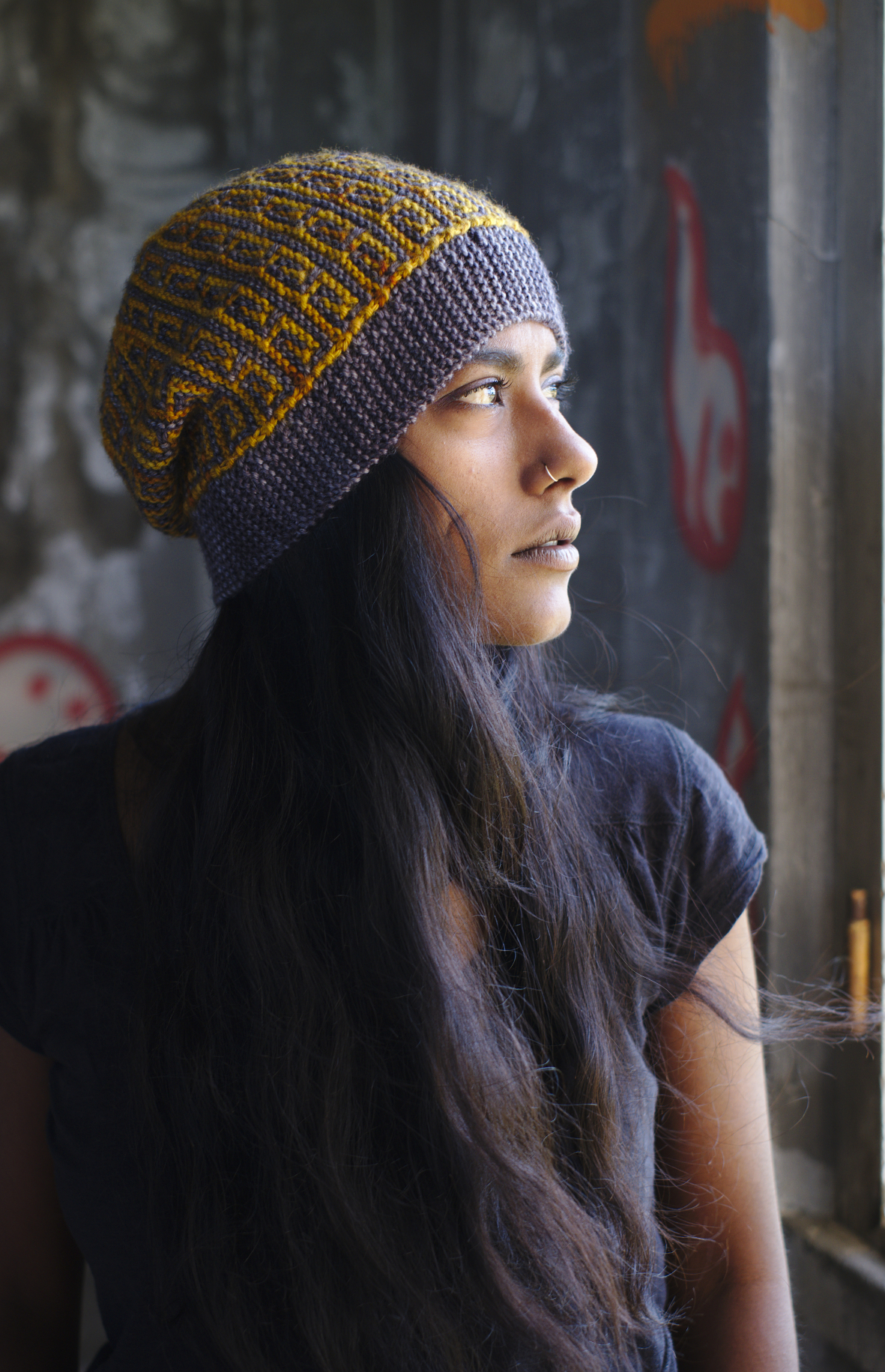 Revolutions sideways knit mosaic slipped stitch colourwork Hat hand knitting pattern for DK yarn