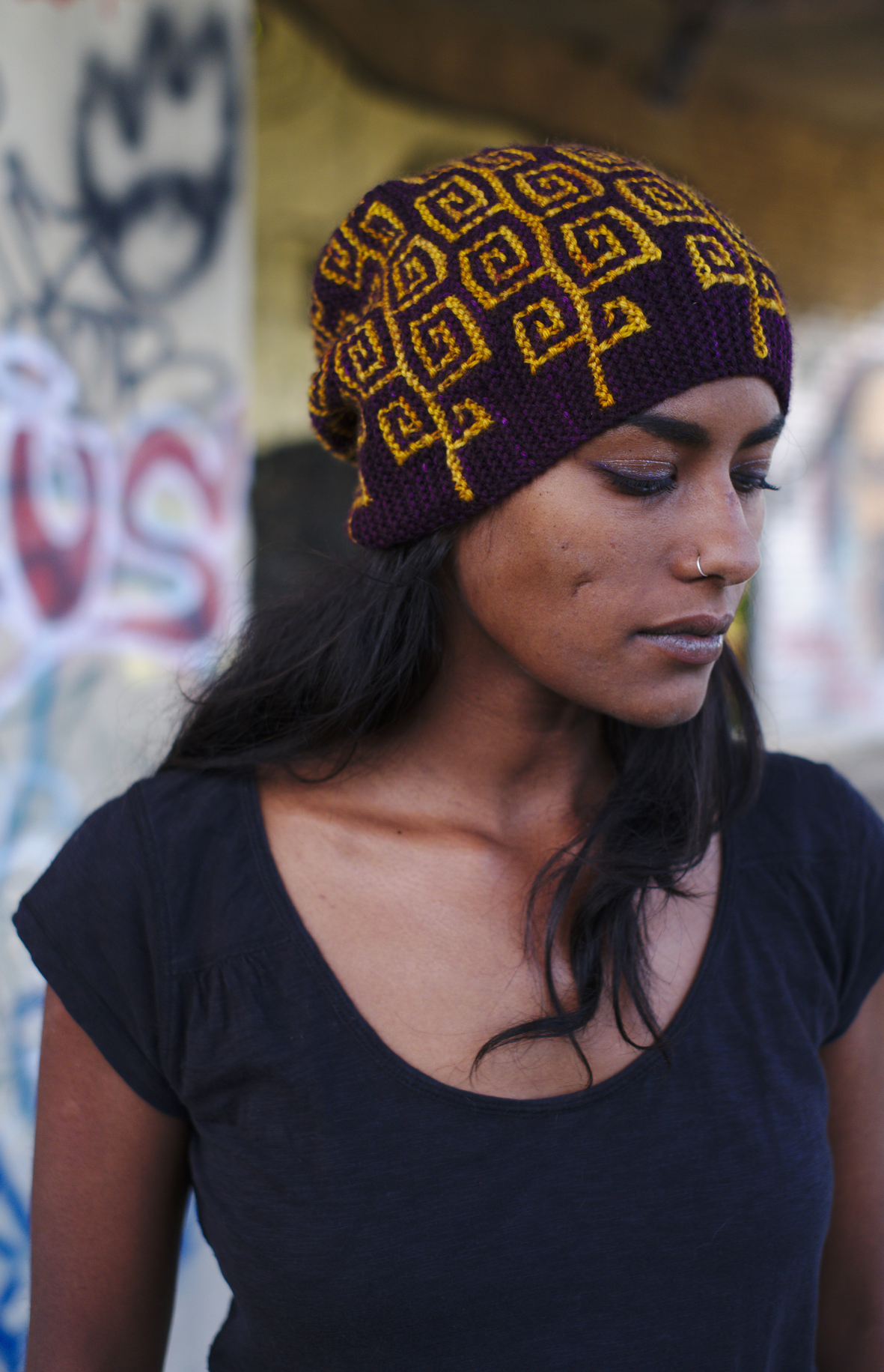 Uprising sideways knit mosaic slipped stitch colourwork Hat hand knitting pattern for DK yarn