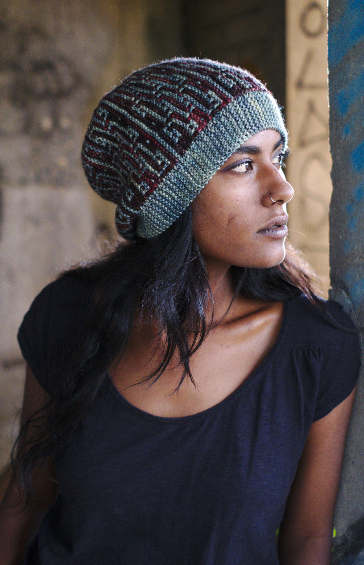 Construct sideways knit mosaic slipped stitch colourwork Hat hand knitting pattern for DK yarn