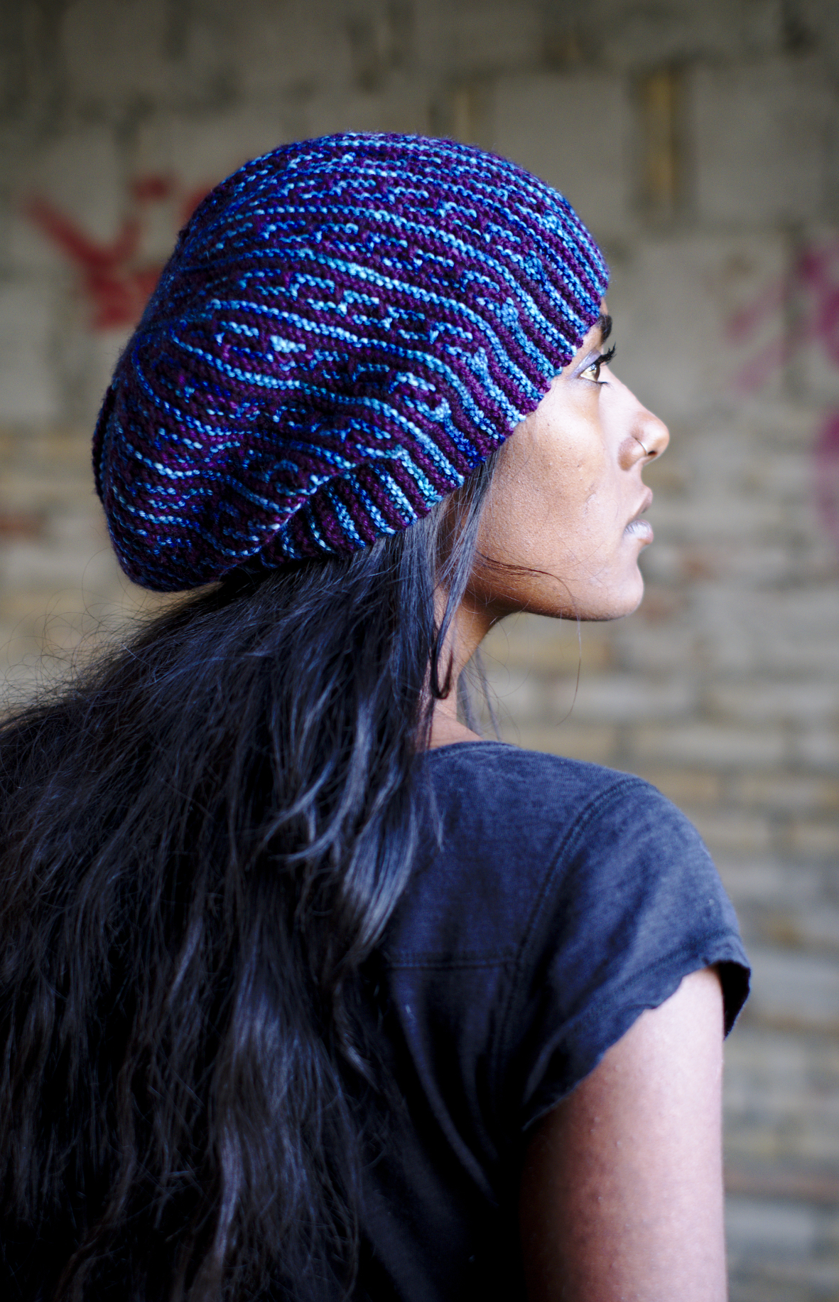 High Rise sideways knit mosaic slipped stitch colourwork Hat hand knitting pattern for DK yarn