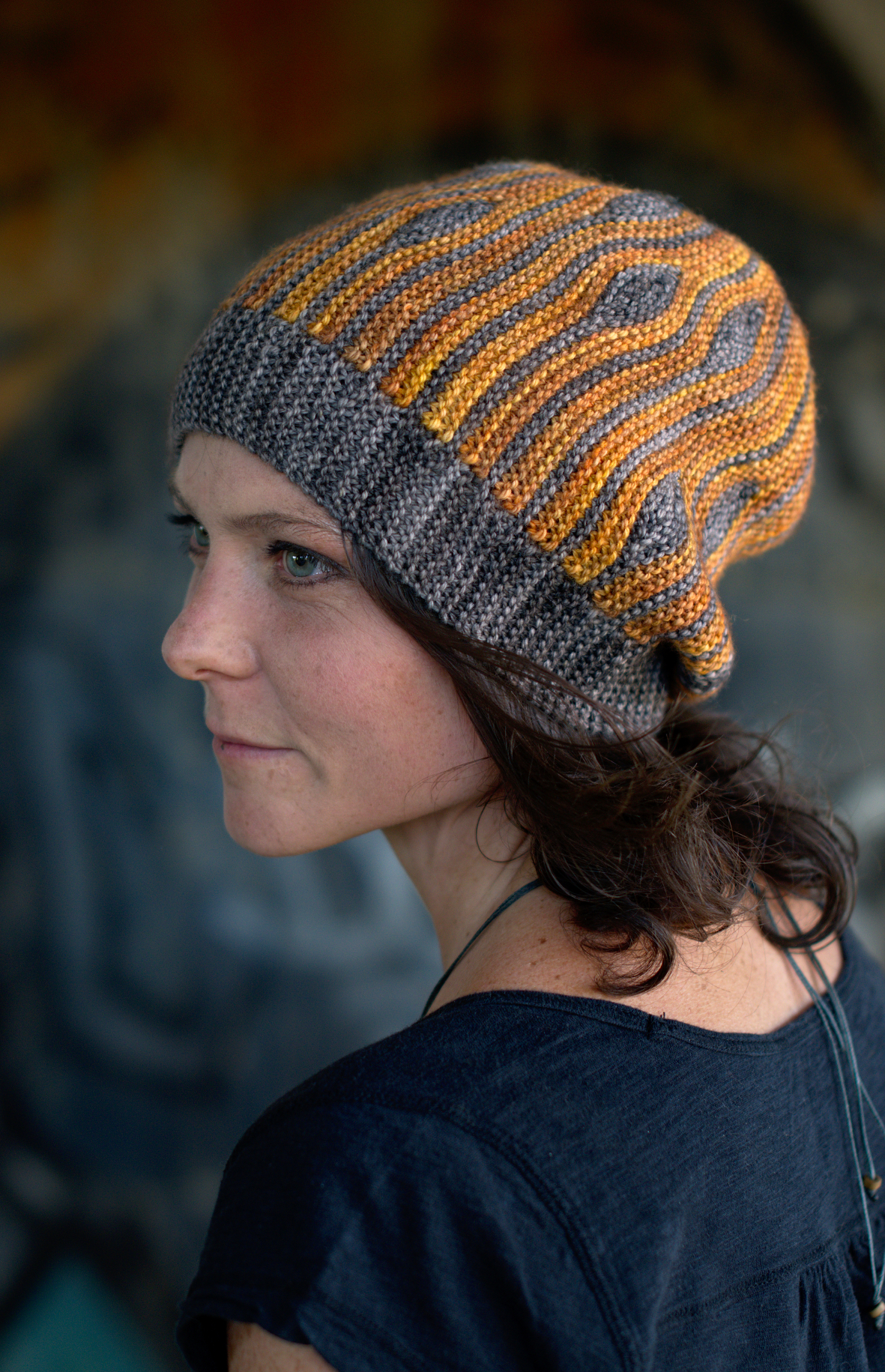 Korra sideways knit short row colourwork slouchy Hat pattern