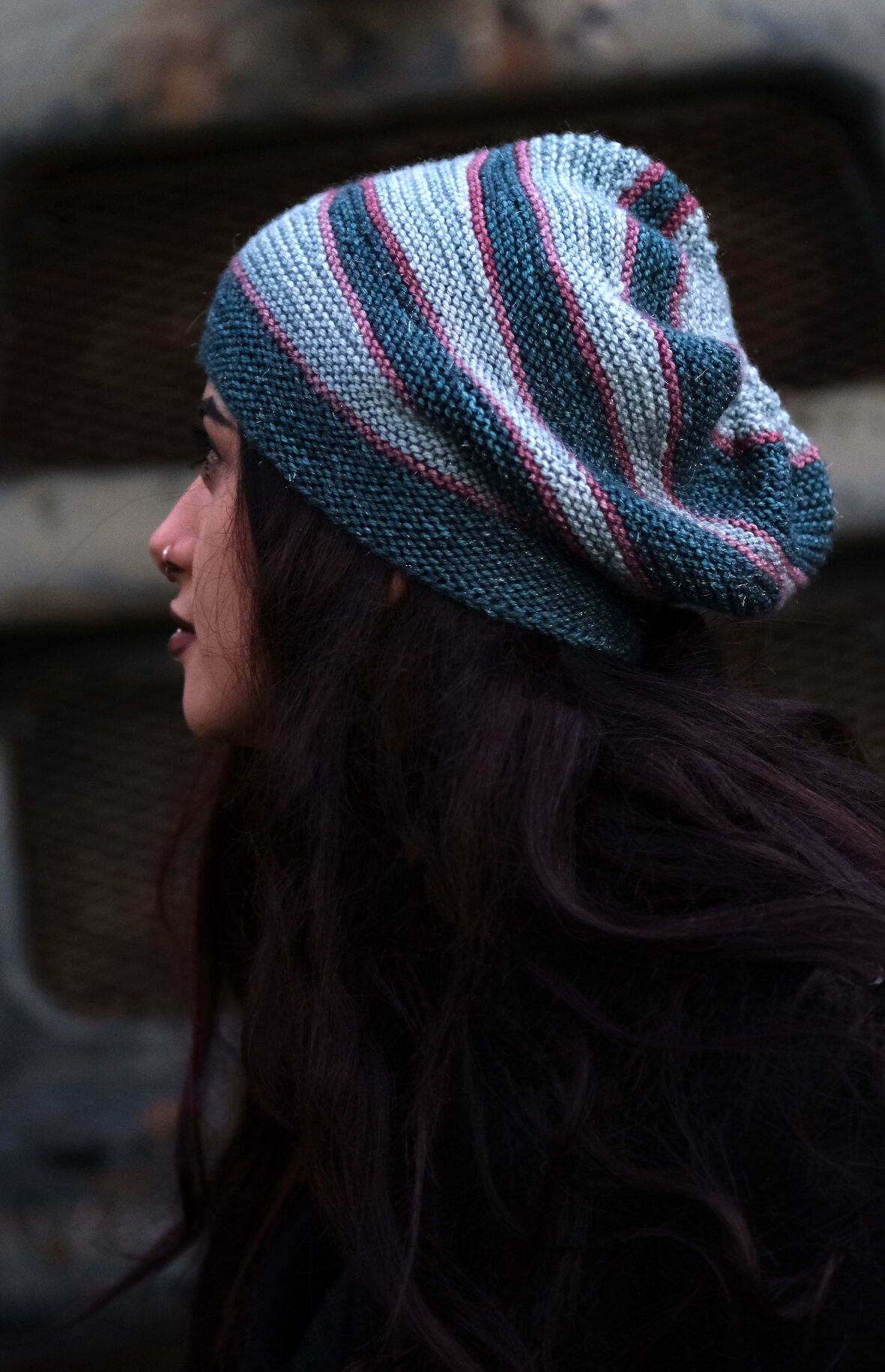 Wonky hand knitting pattern for DK yarn slouchy beanie Hat