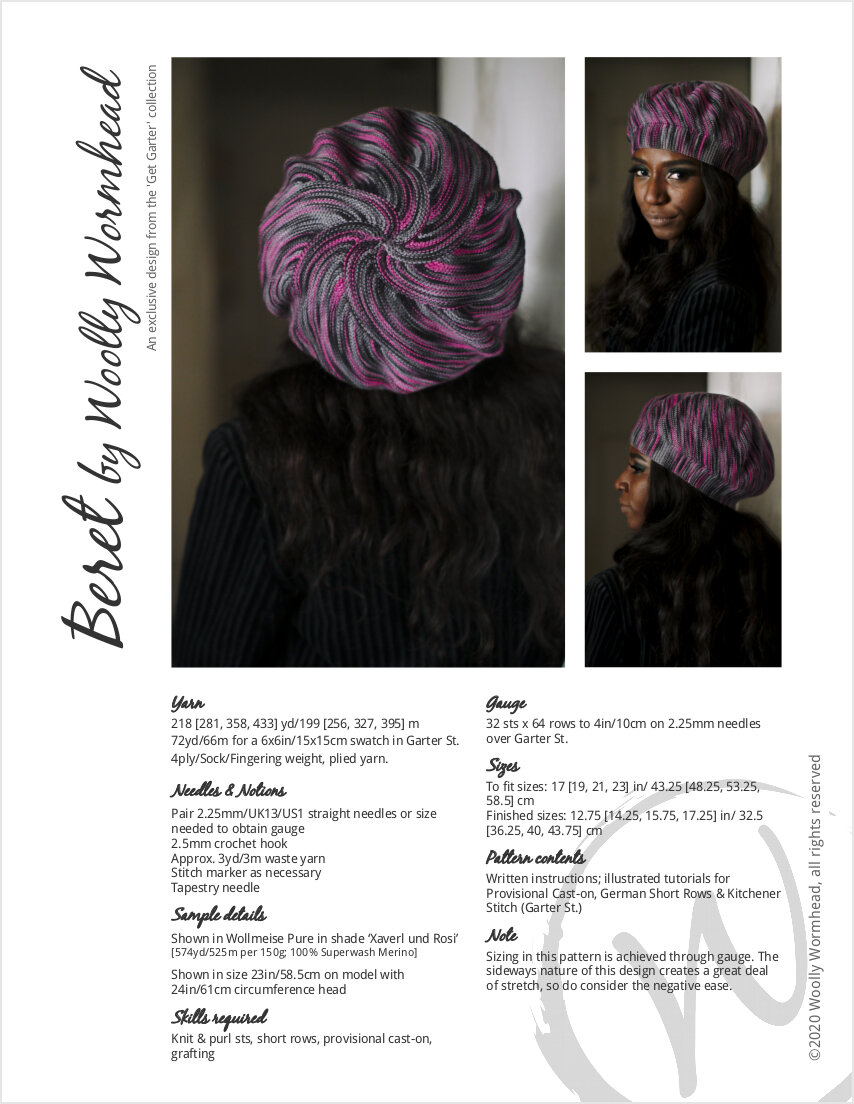 sideways knit beret Hat hand knitting pattern and construction guide for sock yarn