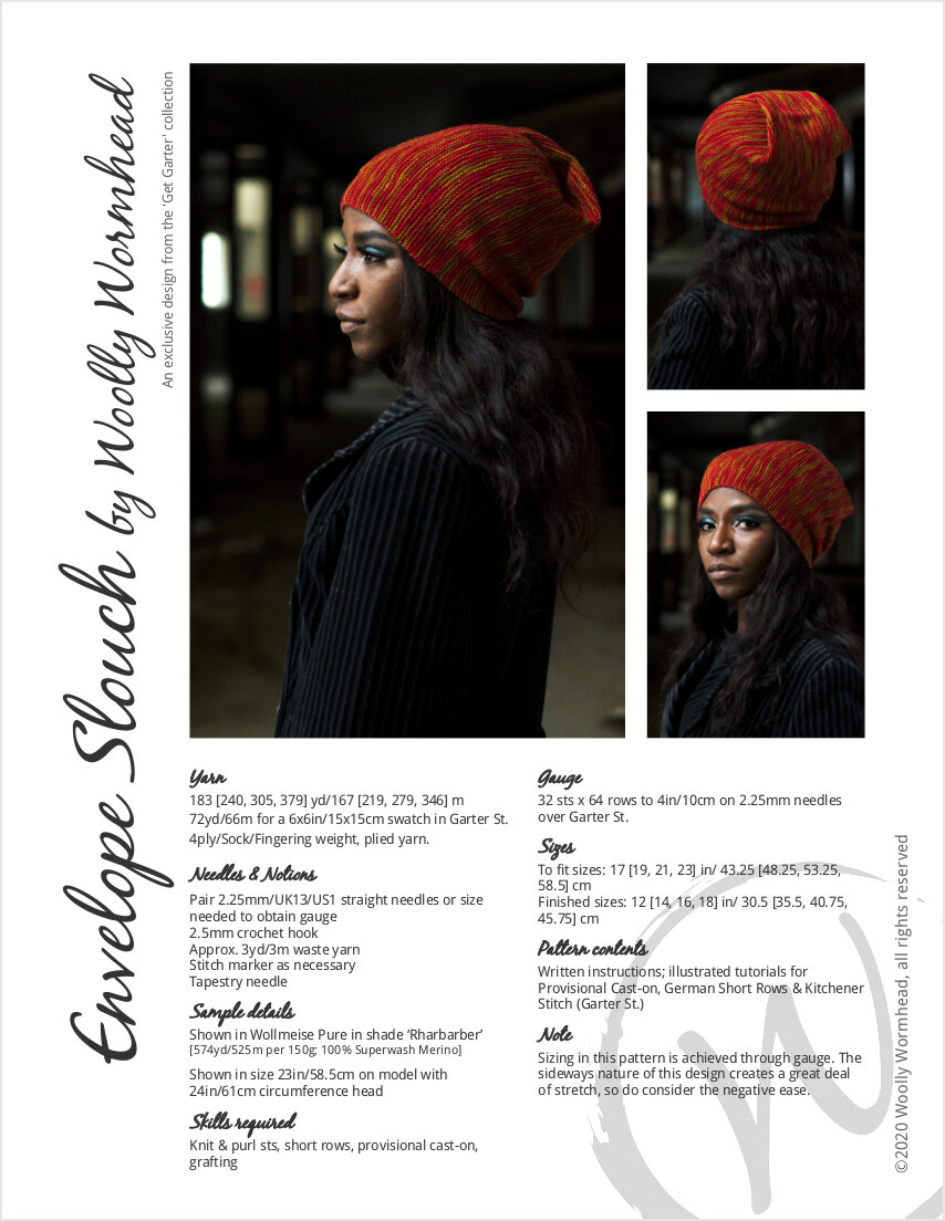 sideways knit envelope slouch Hat hand knitting pattern and construction guide for sock yarn