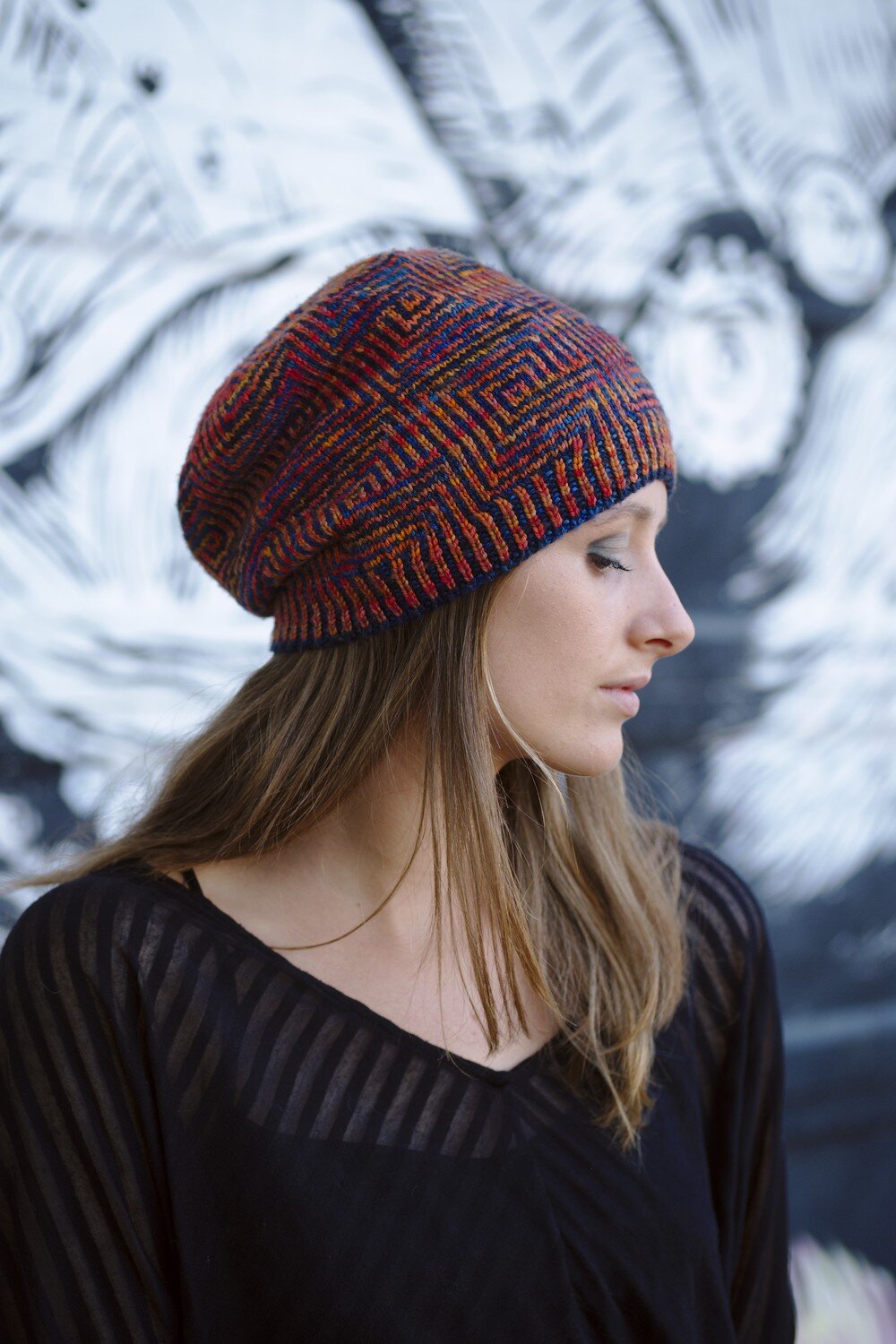 Daedalus stranded colourwork slouchy Hat knitting pattern for 4ply weight yarn