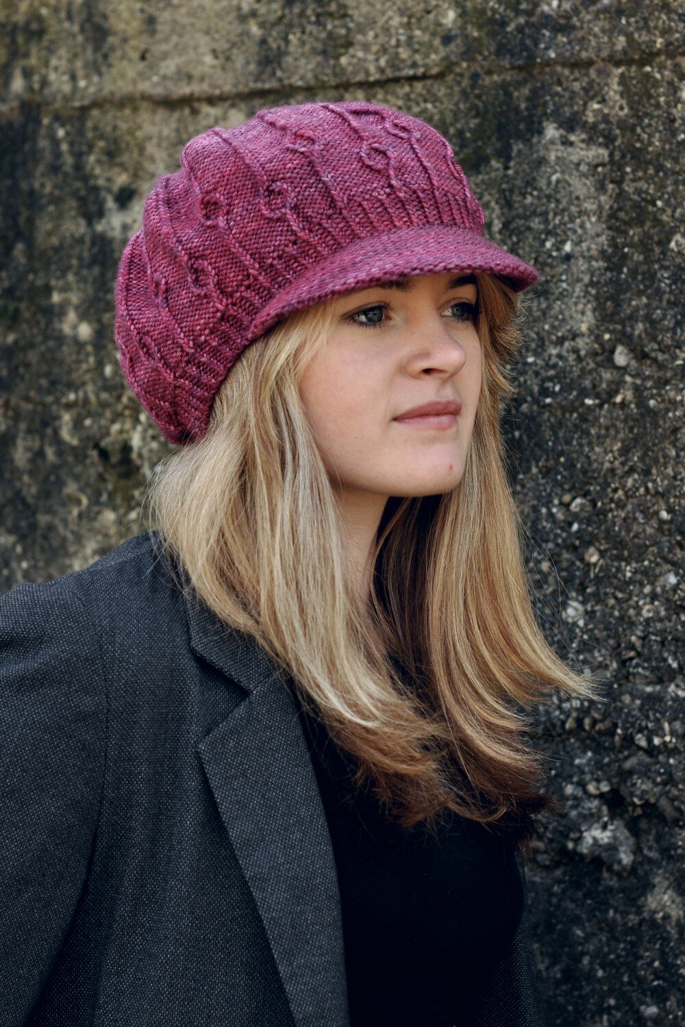 Erica peaked brim beret pattern for DK weight yarn
