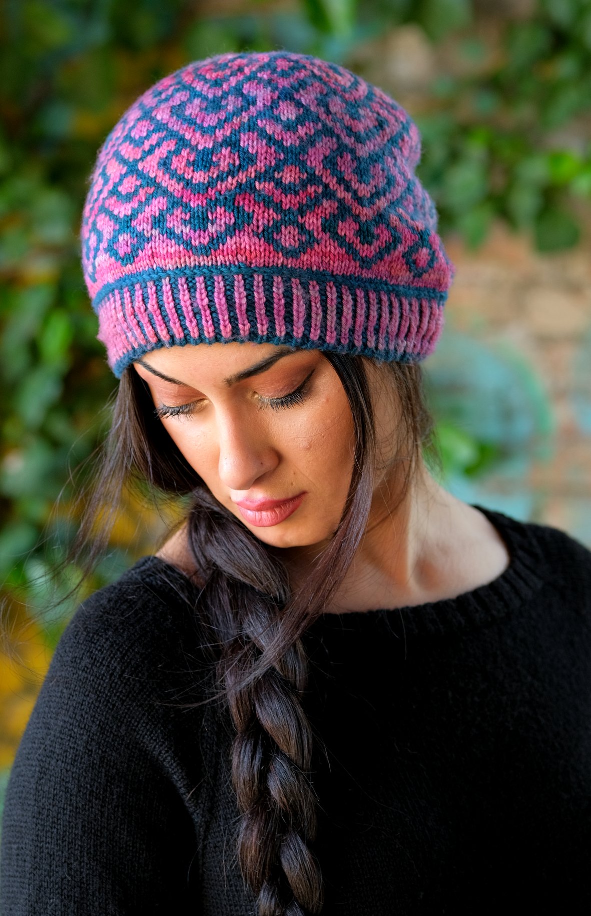 Nettare stranded colourwork hand knitting slouch Hat pattern