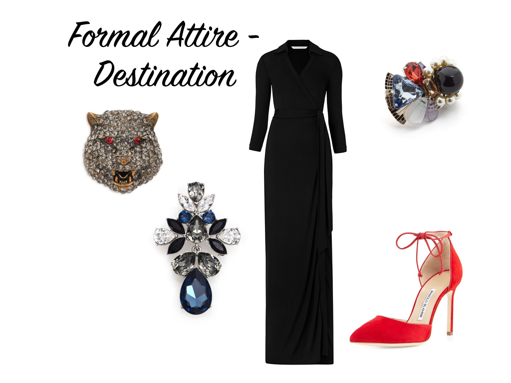 dress, DVF . shoes, Manolo Blahnik . brooches (from left to right) Gucci , Oscar de la Renta , Marc Jacobs .