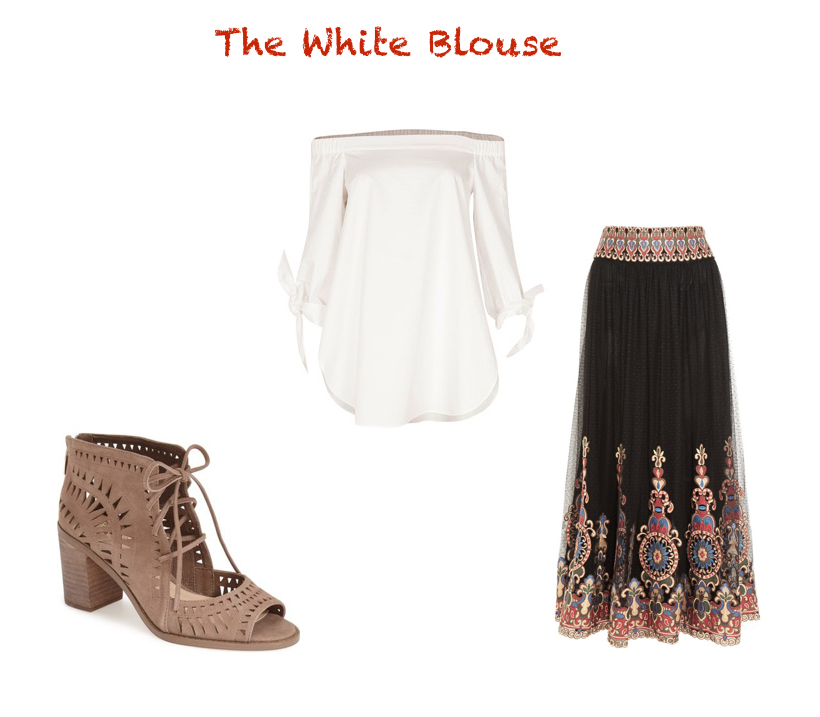 top, Tibi $295. skirt, Alice + Olivia $550. shoes, Vince Camuto $128.95.