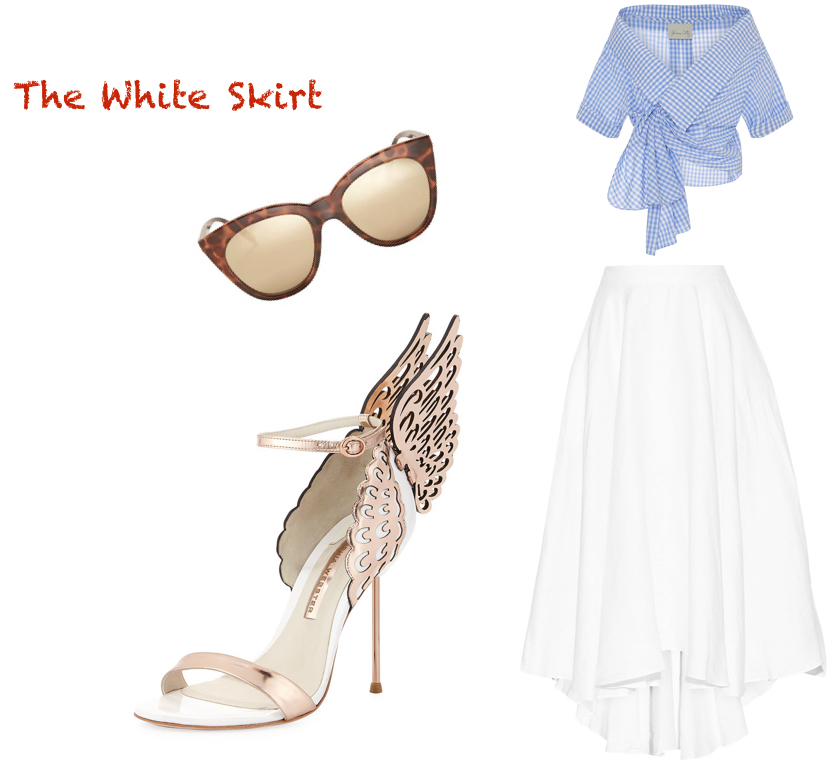 skirt, Miguelina $270. top, Johanna Ortiz $465. sunglasses, Le Spec $60. shoes, Sophia Webster $560.
