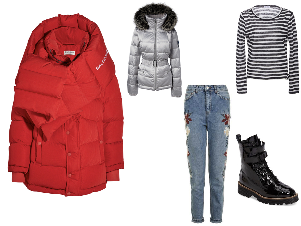 red puffer, BALENCIAGA , $3,250 | silver puffer, LAND'S END , $125 | jeans, TOPSHOP , $110 | top, FRAME DENIM , $125 | boots, SHELLY'S LONDON , $170