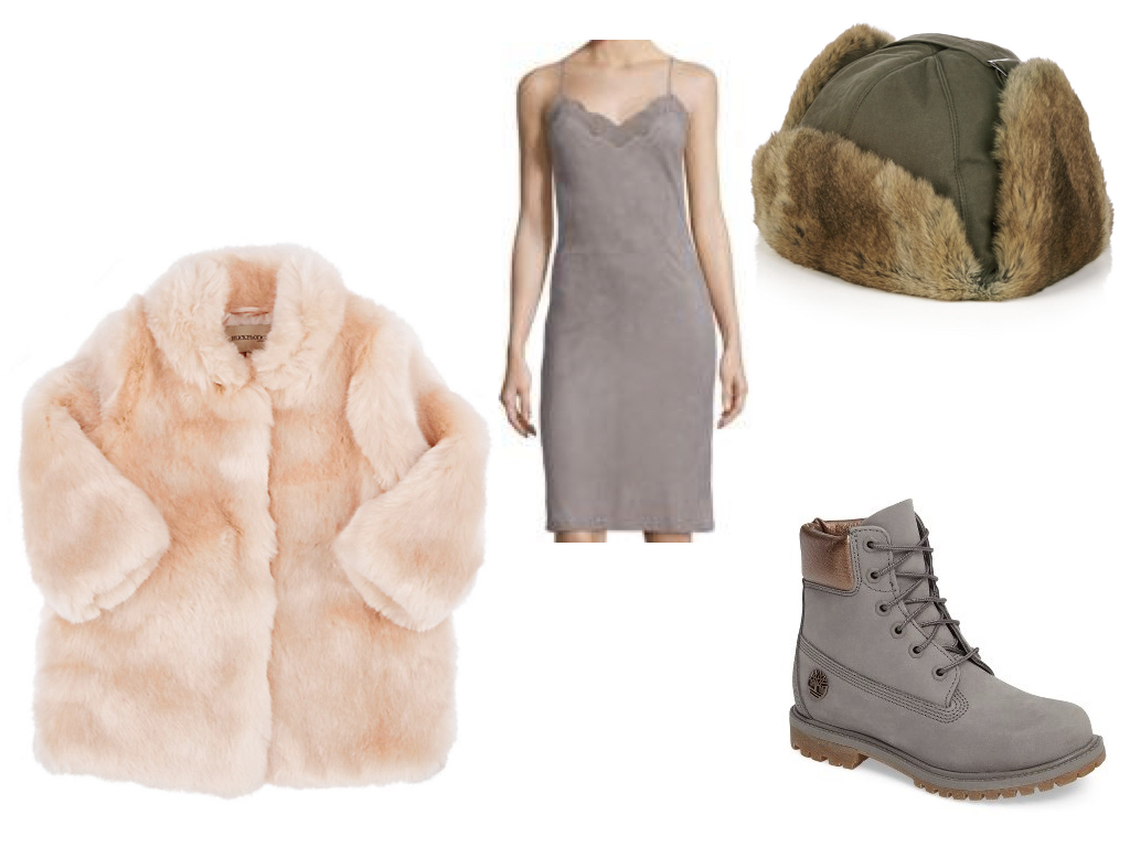 coat, HUCKLEBONES , $147 | dress, POLO RALPH LAUREN , $519 | hat, YVES SALOMON , $86 | boots, TIMBERLAND , $169