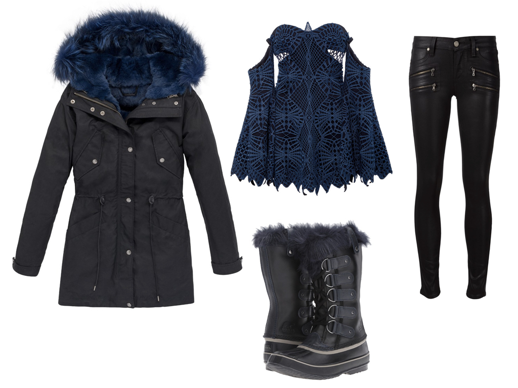 parka, ANDREW MARC , $959 | top, JONATHAN SIMKHAI , $223 | pants, PAIGE DENIM , $995 | boots, SOREL , $140