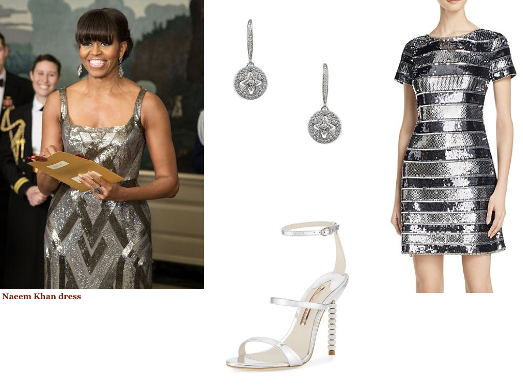 dress, AIDAN MATTOX , $395 | earrings, LORD & TAYLOR , $40 | shoes, SOPHIA WEBSTER , $495