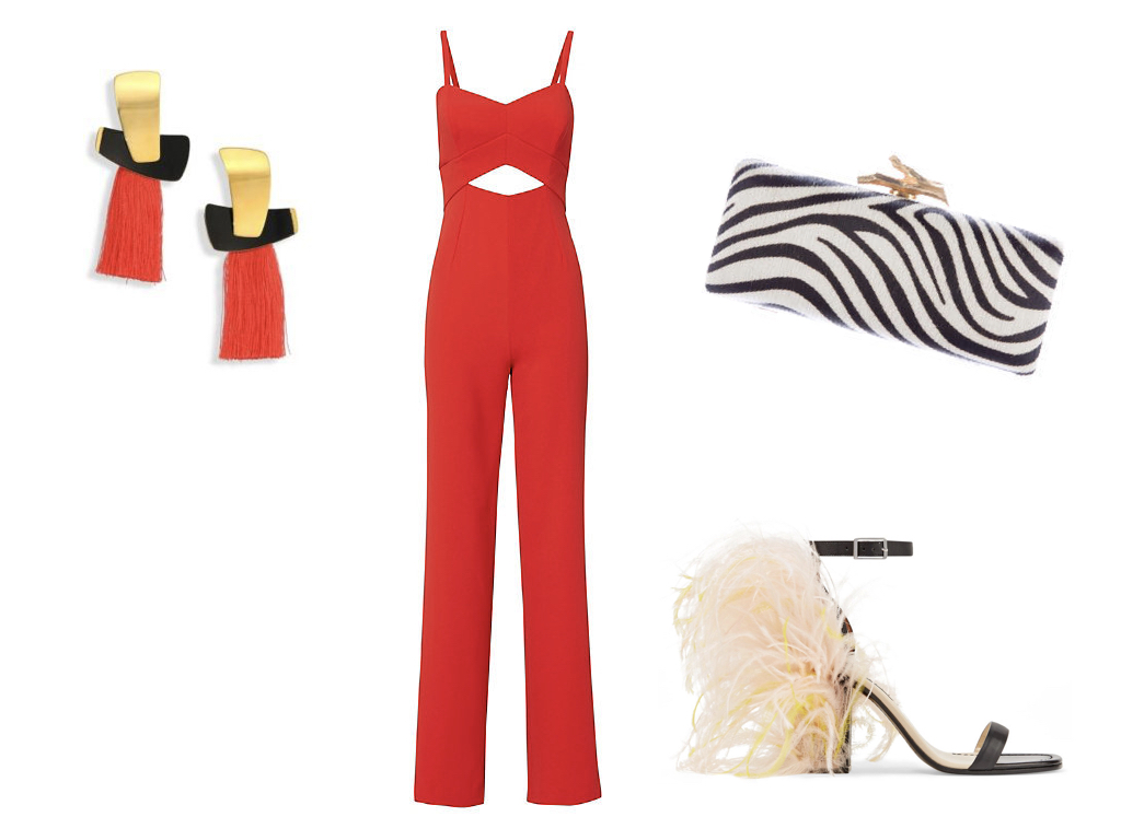 earrings, LIZZIE FORTUNATO , $295 | jumpsuit, LA PERLA FOR INTERMIX , $385 | clutch, DIANE VON FURSTENBERG , $91 | shoes, EMILIO PUCCI , $492