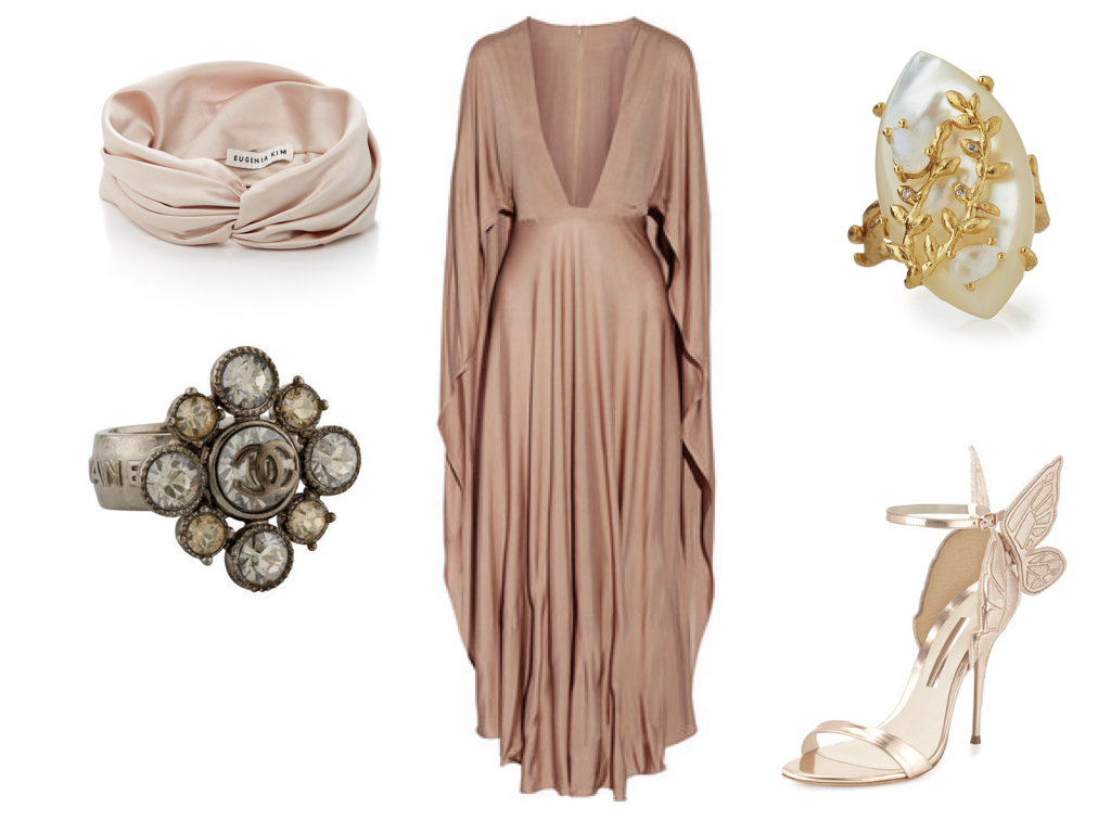 turban, EUGENIA KIM , $125 | dress, VALENTINO , $4,440 | ring, INDULGEMS , $95 | shoes, SOPHIA WEBSTER , $675 | ring, CHANEL , $395