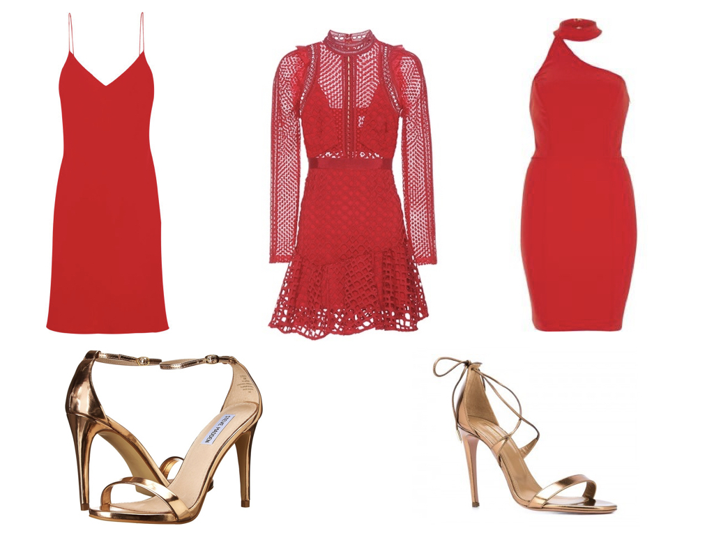 dresses from left to right, CALVIN KLEIN , $1,295 | SELF-PORTRAIT , $475 | RIVER ISLAND , $40 | shoes from left to right STEVE MADDEN , $56 | AQUAZURRA , $338 