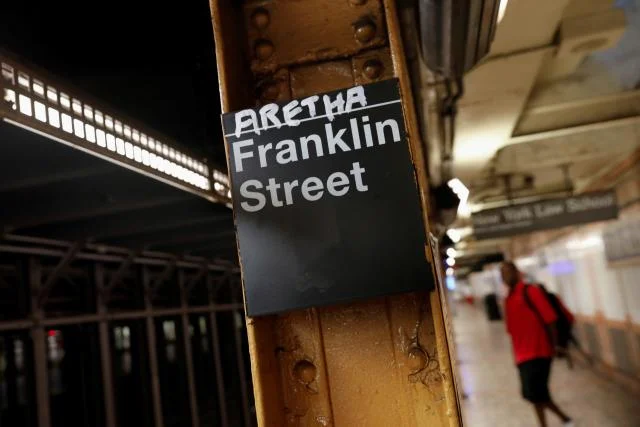 A customized sign at the Franklin Street NYC subway station, bearing Aretha Franklin's name (Picture Source: Reuters)