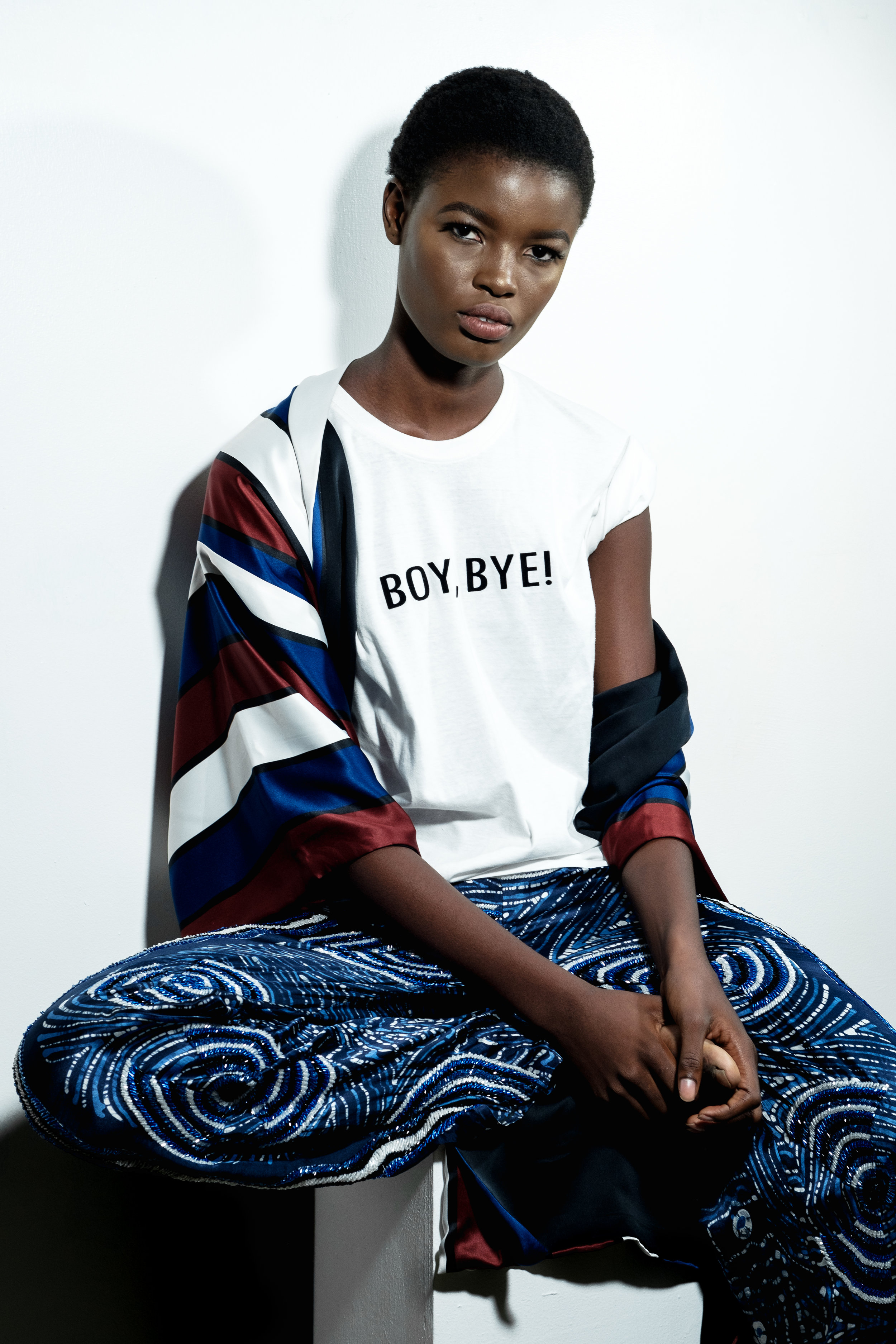 DSCF2419 TZAR 'BOY,BYE' T SHIRT WITH ERE DAPPA BEADED BLUE ADIRE TIE DYE WIDE LEG TROUSERS AND TIFFANY AMBER STRIPED OVERSIZED JACKET.jpg