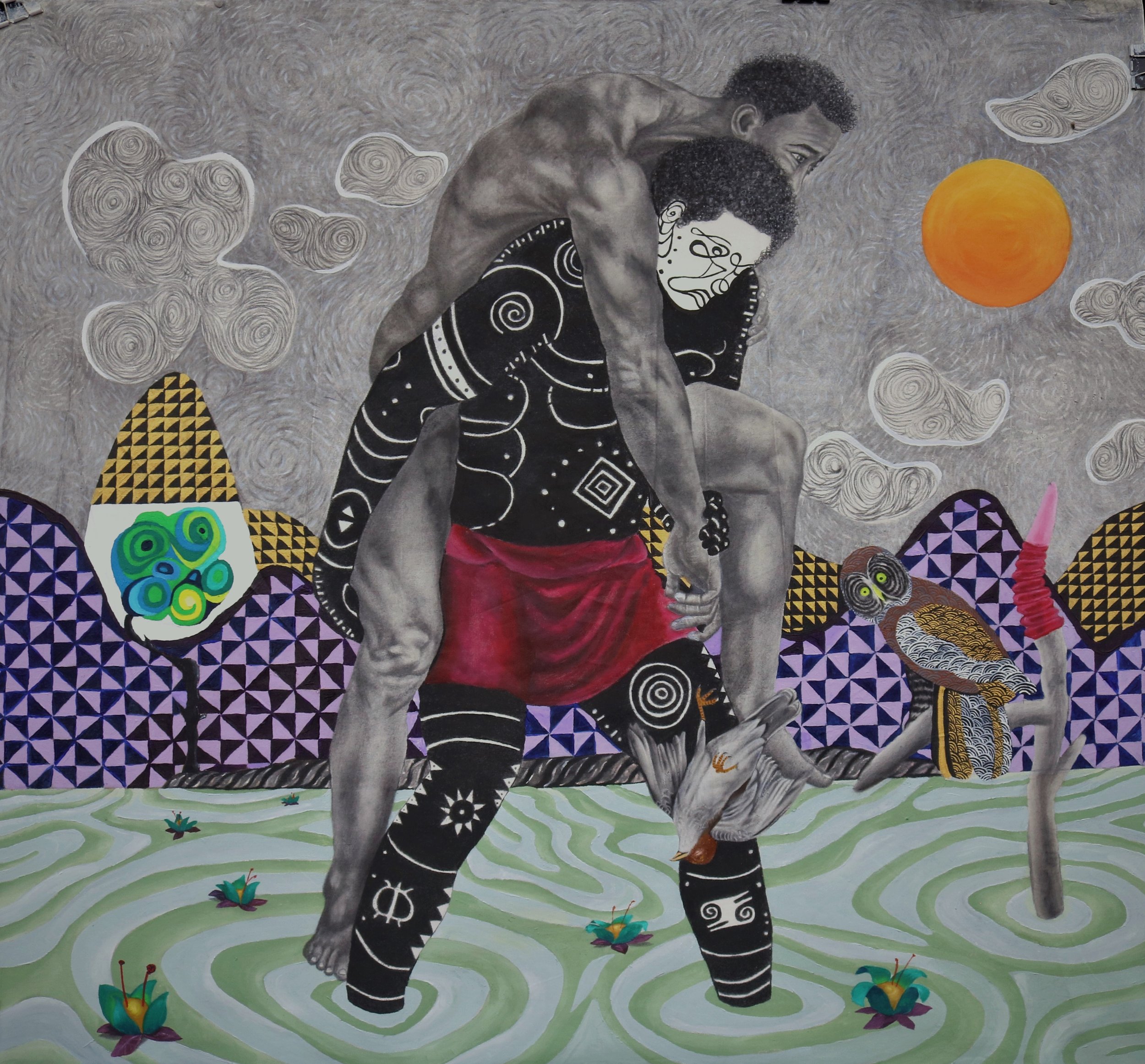 Carry You Home, Acrylic, oil, charcoal, pencil on canvas, 121 x 123 cm, 2019, Kelechi Nwaneri